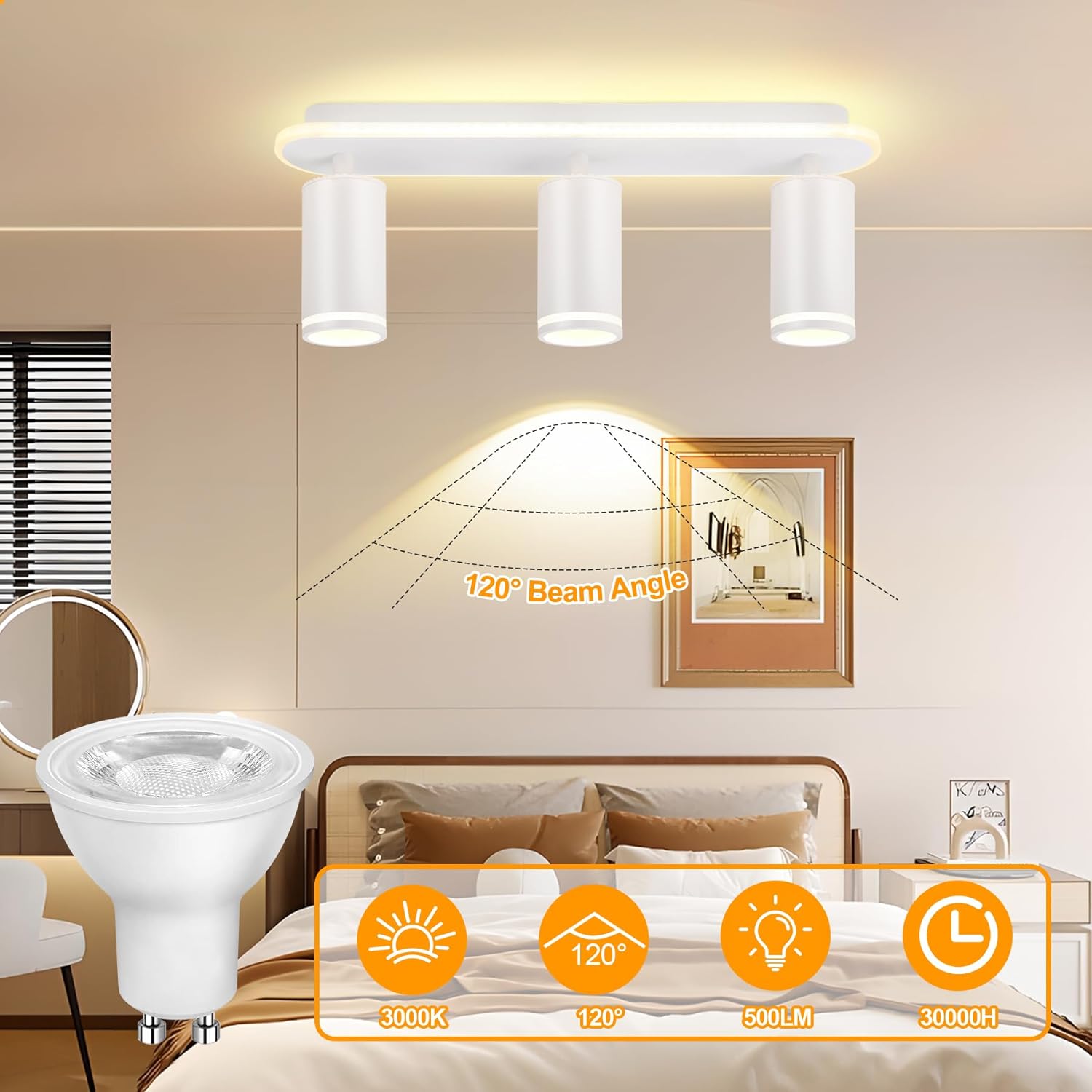Faretti da Soffitto Orientabili con 3 Luci GU10, Bianco - immagine 5