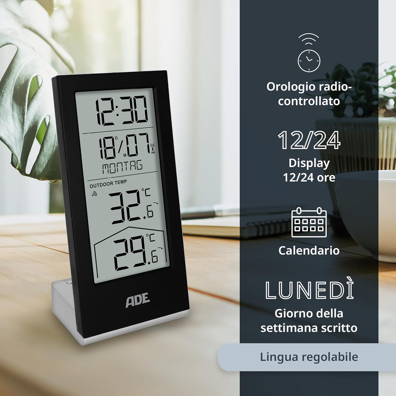 Ade Stazione Meteorologica Digitale con Sensore Esterno, Nero - immagine 4