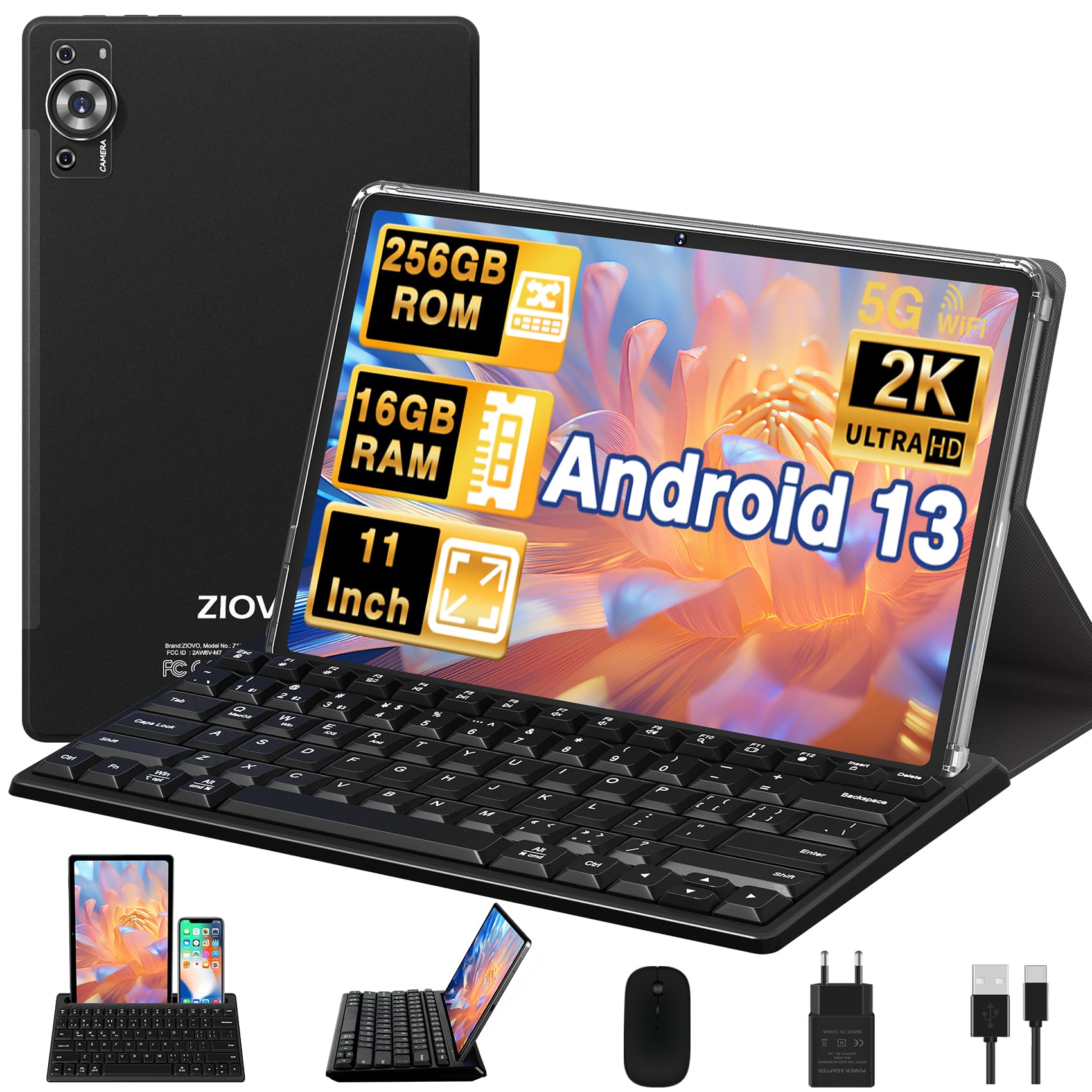 Ziovo Tablet 11 Pollici Android 13 16GB RAM 256GB ROM, Nero