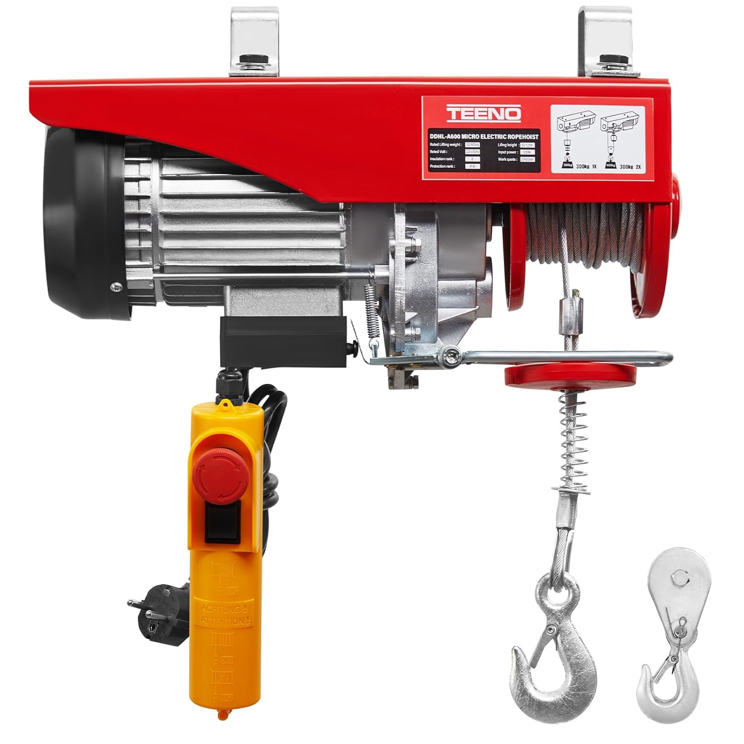 TEENO Paranco Elettrico 1200W - 300KG/600KG, Rosso - immagine 1