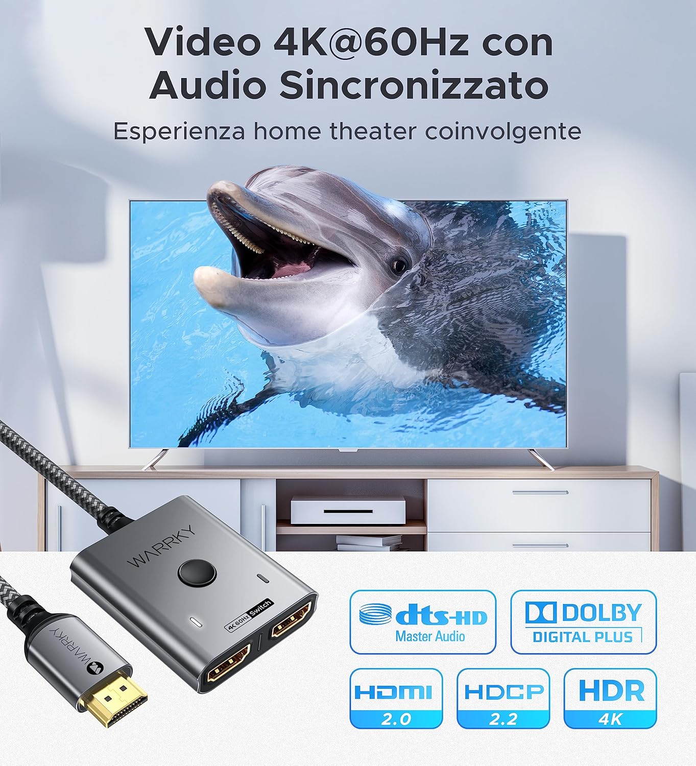 Warrky Switch HDMI 4K@60Hz - Sdoppiatore Bidirezionale - immagine 4