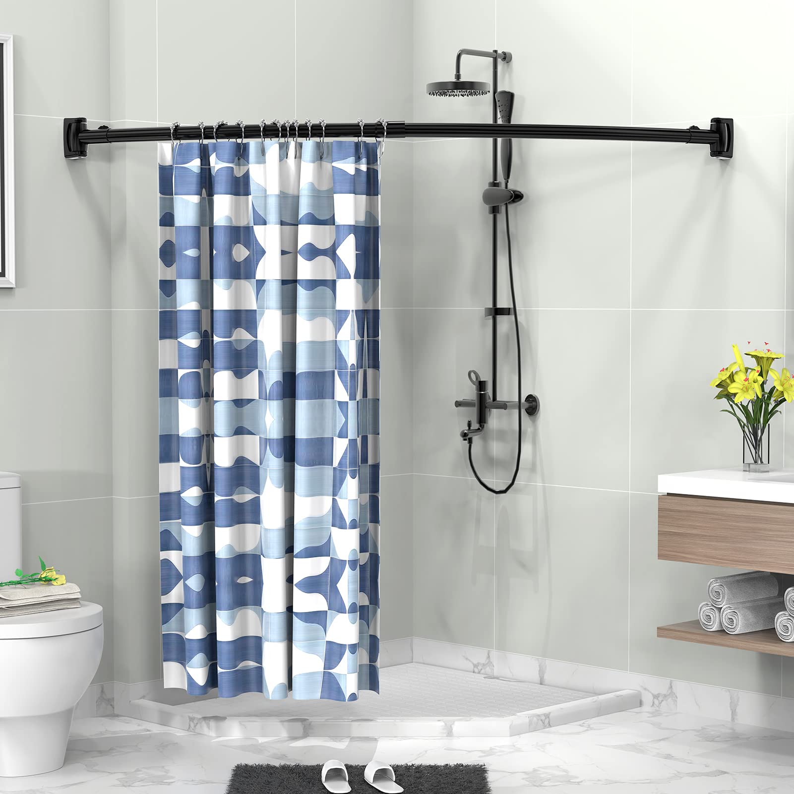 Bastone Tenda Doccia Angolare Curva Antiruggine Nero