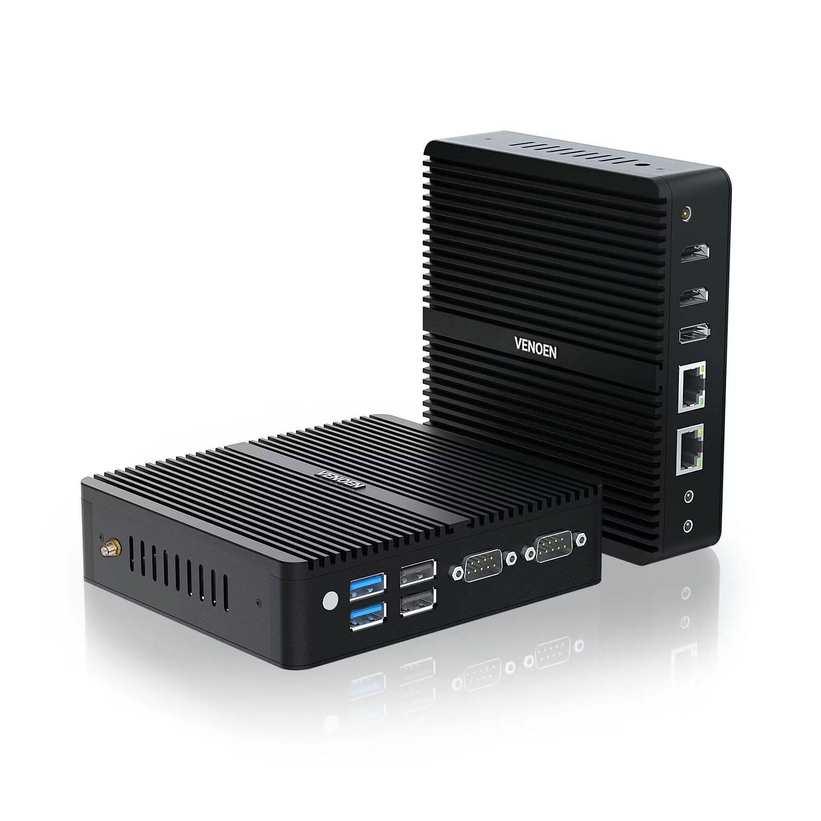 VENOEN Mini PC industriale N150, Mini PC Fanless Dual Lan, PC Industrial WIN11 pro, Dual HD, DP, Mini computer fisso Dual RS232 COM, WIFI/BT4.2, Auto Power On, Wake On Lan, Linux, 8GB RAM 128GB SSD