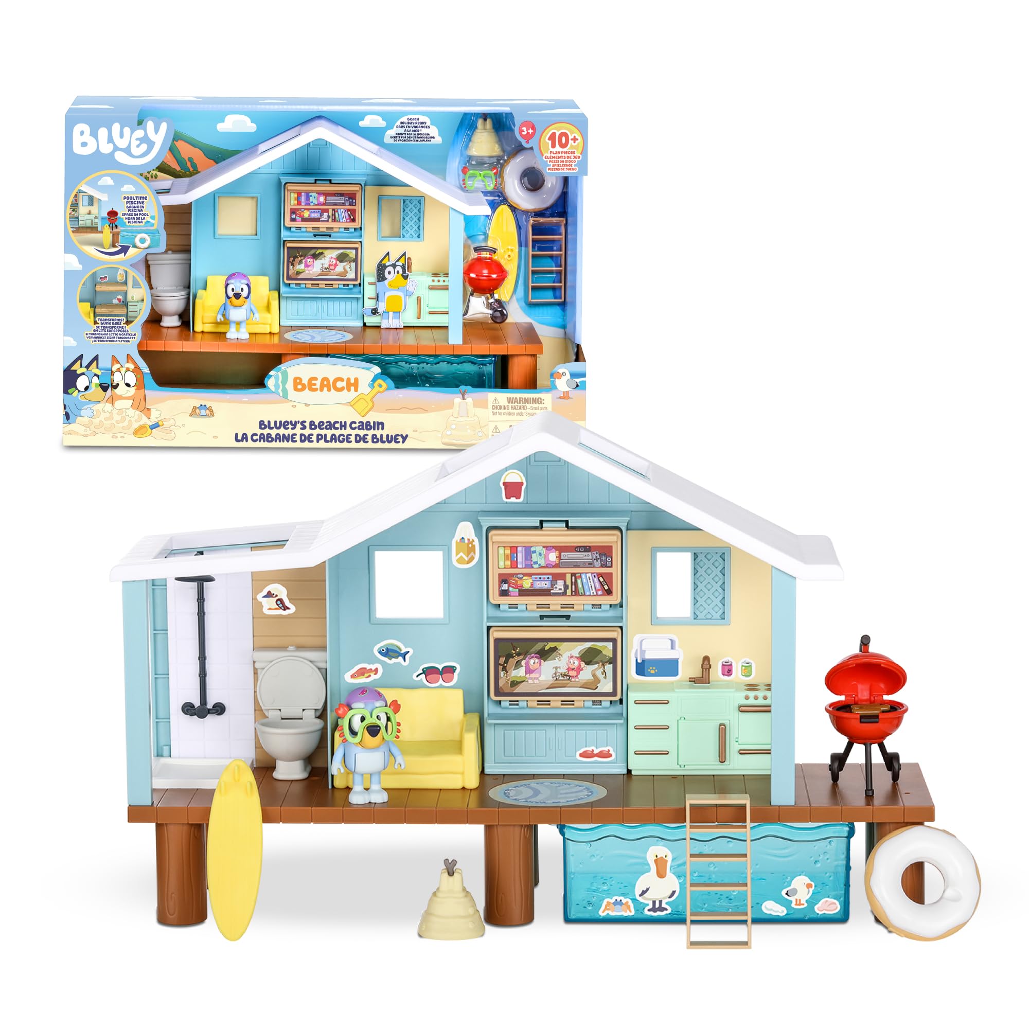 Bluey - Beach Cabin Playset, casa spiaggia del cucciolo blu, giocattolo con figura, con accessori, piscina, occhiali, galleggiante, barbecue, casetta blu, famosa (BLY66000)