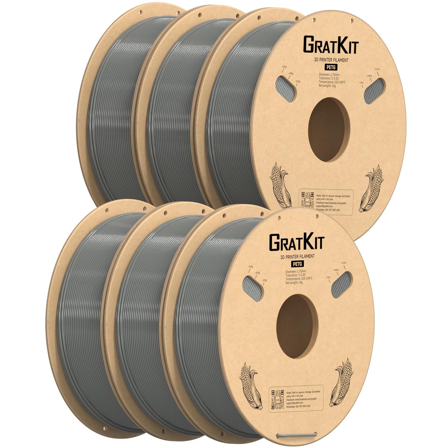 Gratkit PETG Filamento Stampante 3D 1.75mm, 6kg Grigio