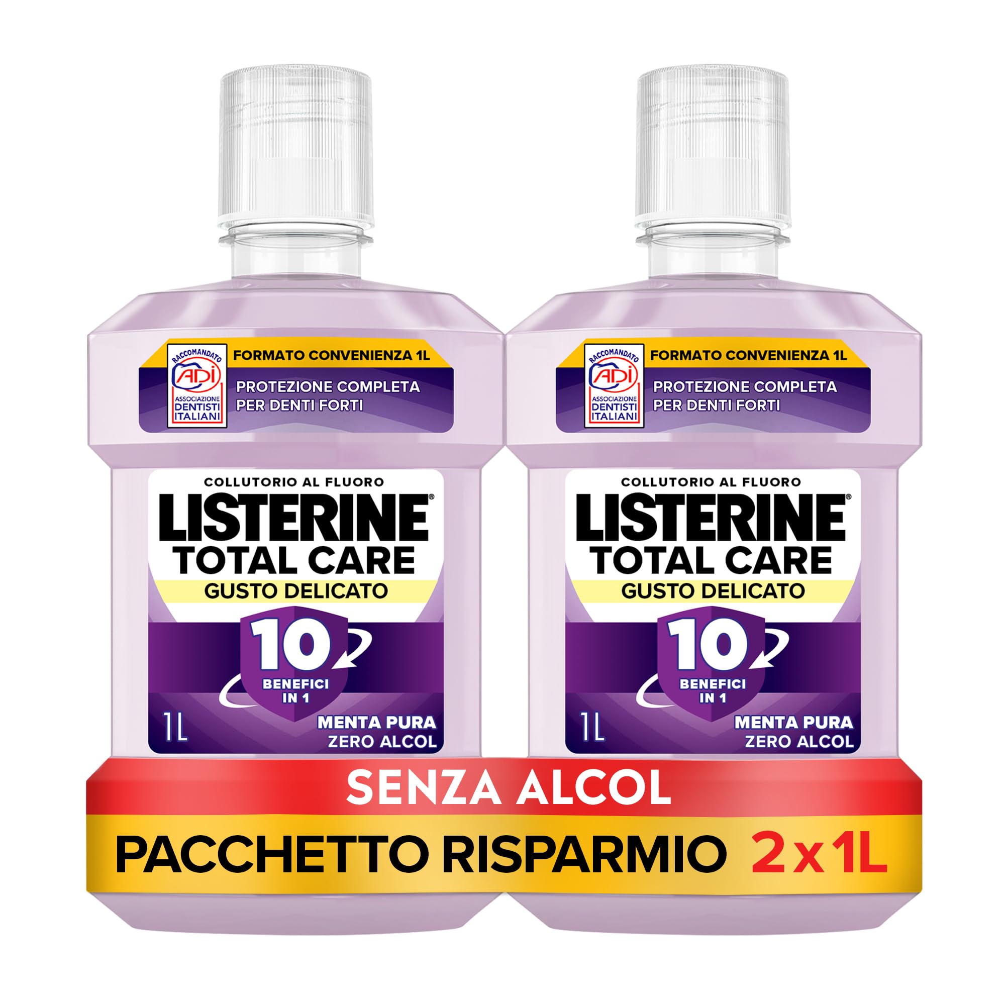 LISTERINE Total Care, Collutorio 0% alcol al gusto di Menta Pura, Collutorio senza alcool con 10 benefici in 1 per una protezione completa e denti più forti, 2x1L – Esclusiva 