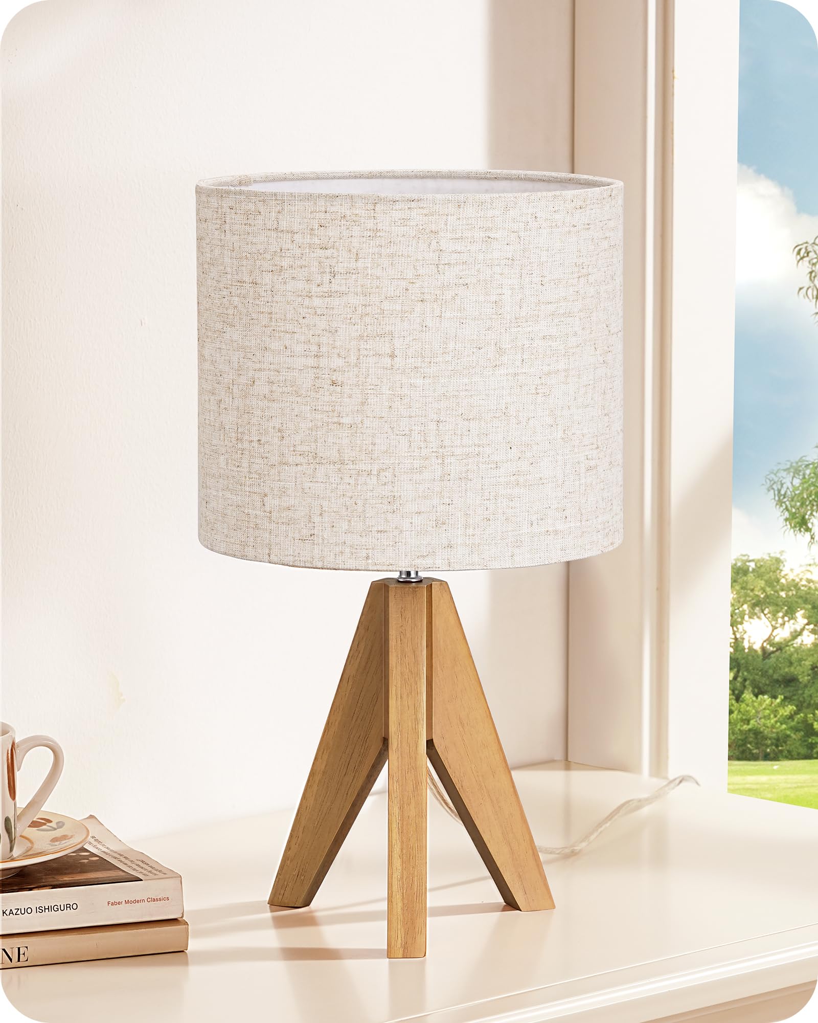 Edishine Lampada da Comodino in Legno con Paralume in Lino