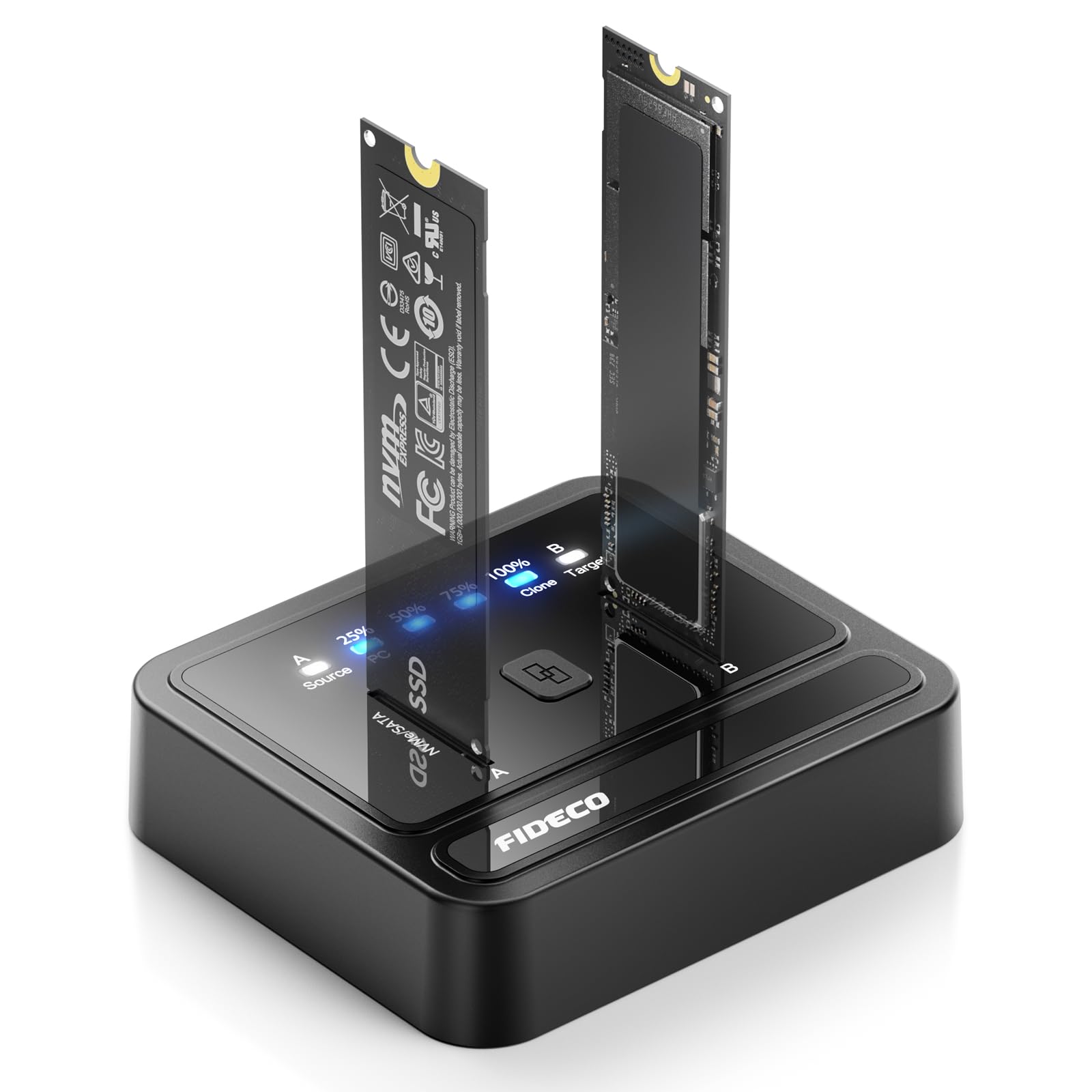Fideco M.2 NVMe SATA SSD Cloner Dock USB 3.2 Gen 2x2, Nero