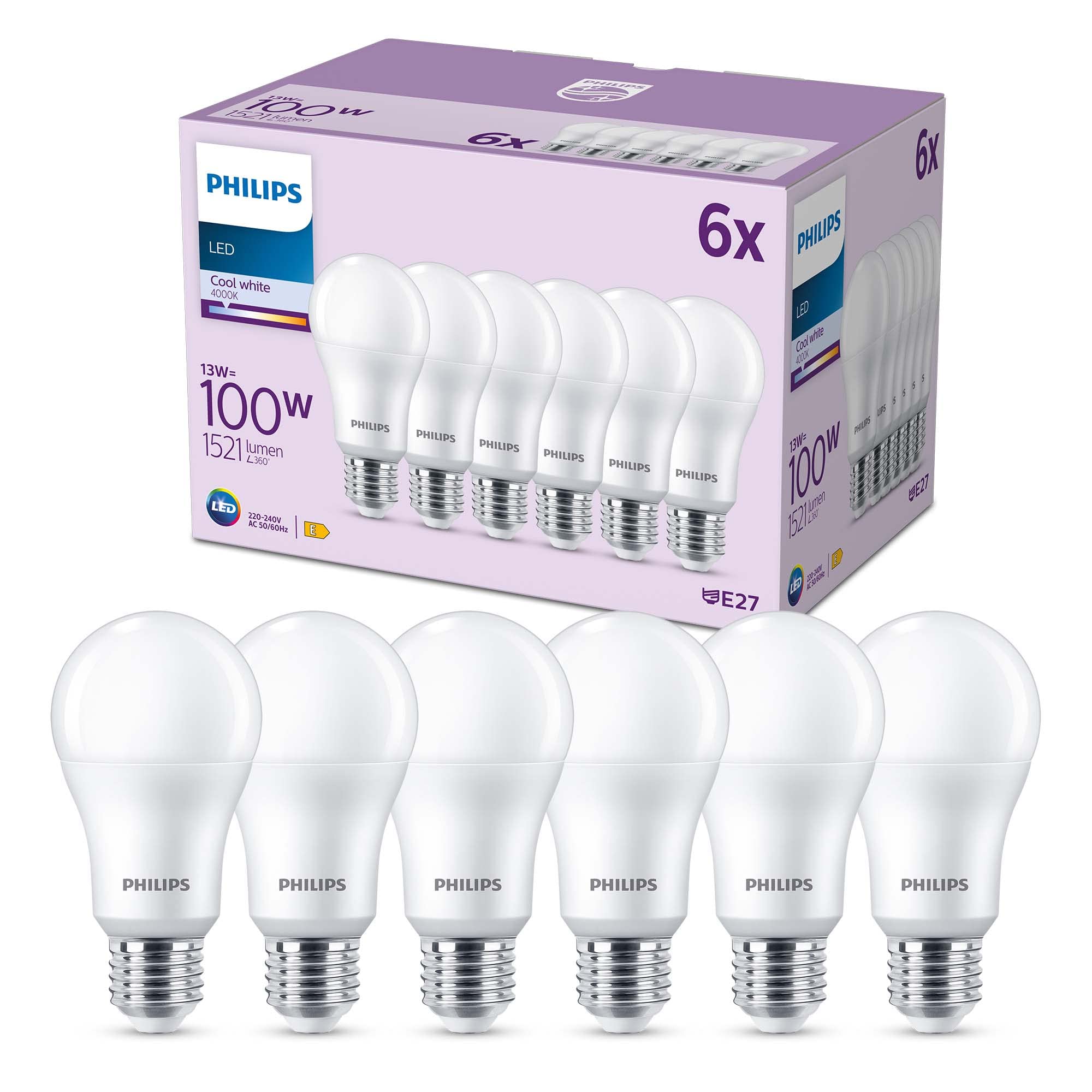 Philips LED Lampadina E27 100W, Luce Bianca Fredda (6 Pezzi)