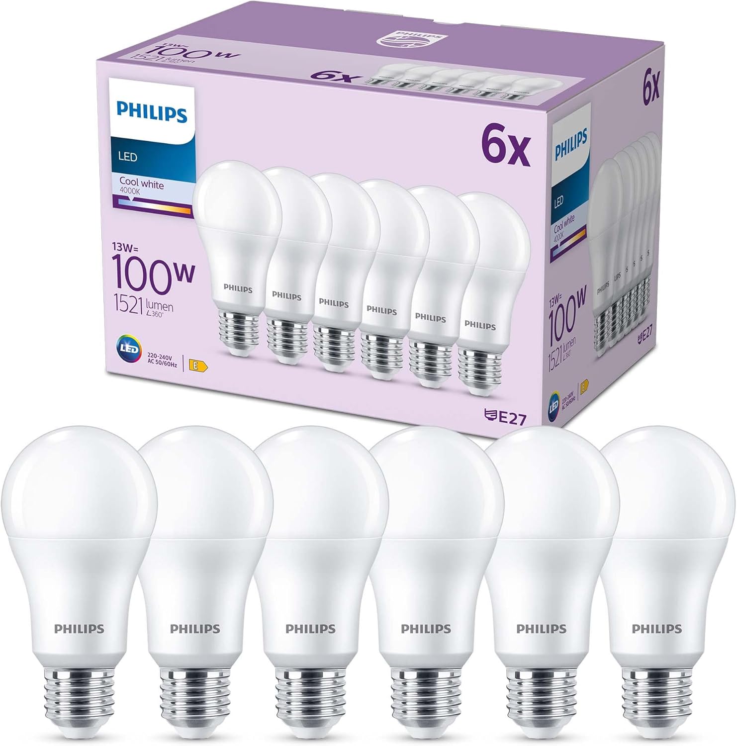 Philips LED Lampadina E27 100W, Luce Bianca Fredda (6 Pezzi) - immagine 1