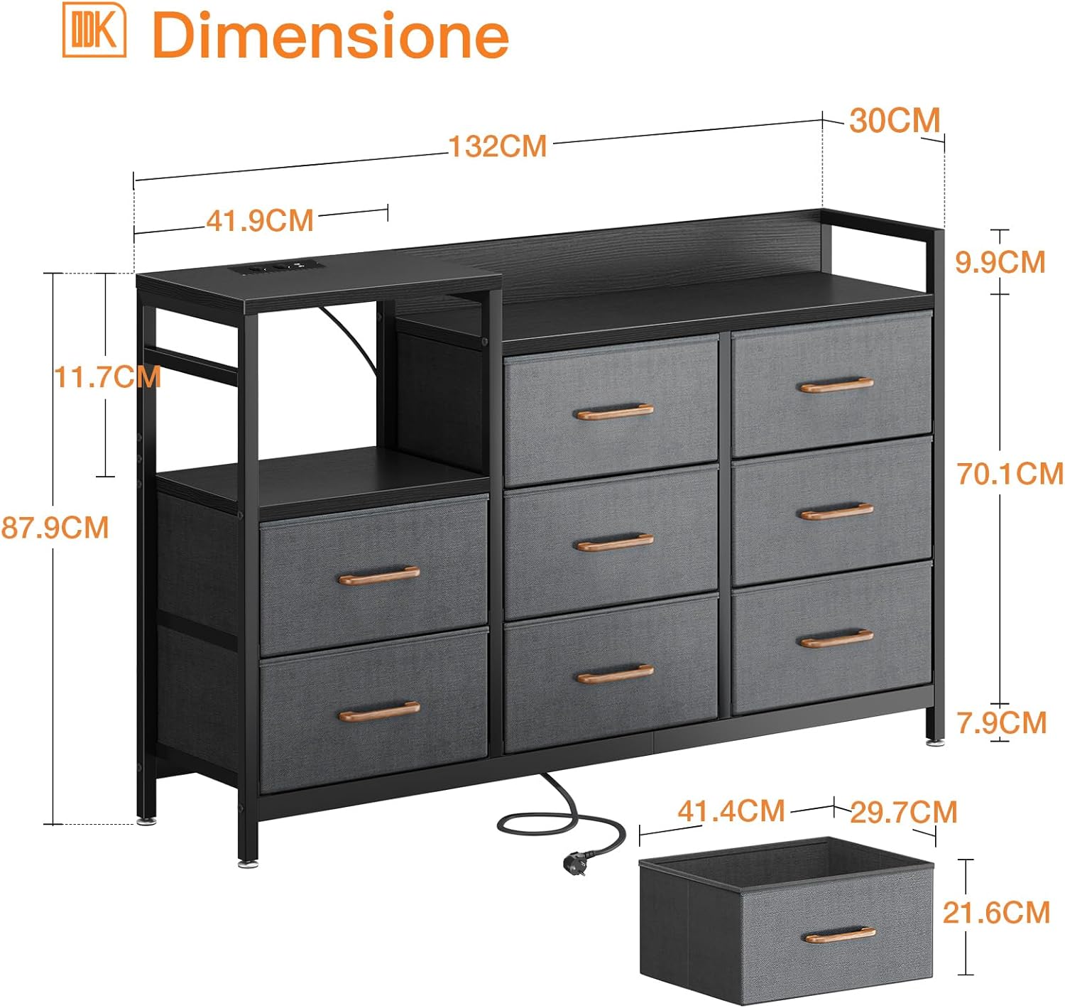 Odk Cassettiera con 2 USB e 2 AC, Nero e Grigio Scuro - immagine 3