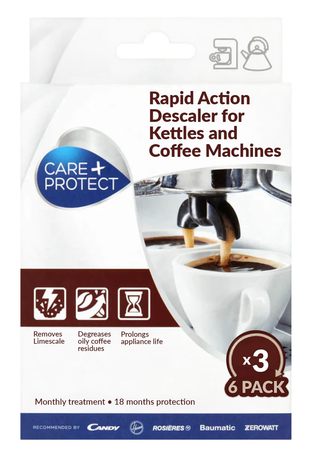CARE + PROTECT Decalcificante per Macchina da Caffè e Bollitori, Universale, Elimina calcare e residui di Caffè e Tè, 6 Buste Monodose in Polvere *3, Maxi