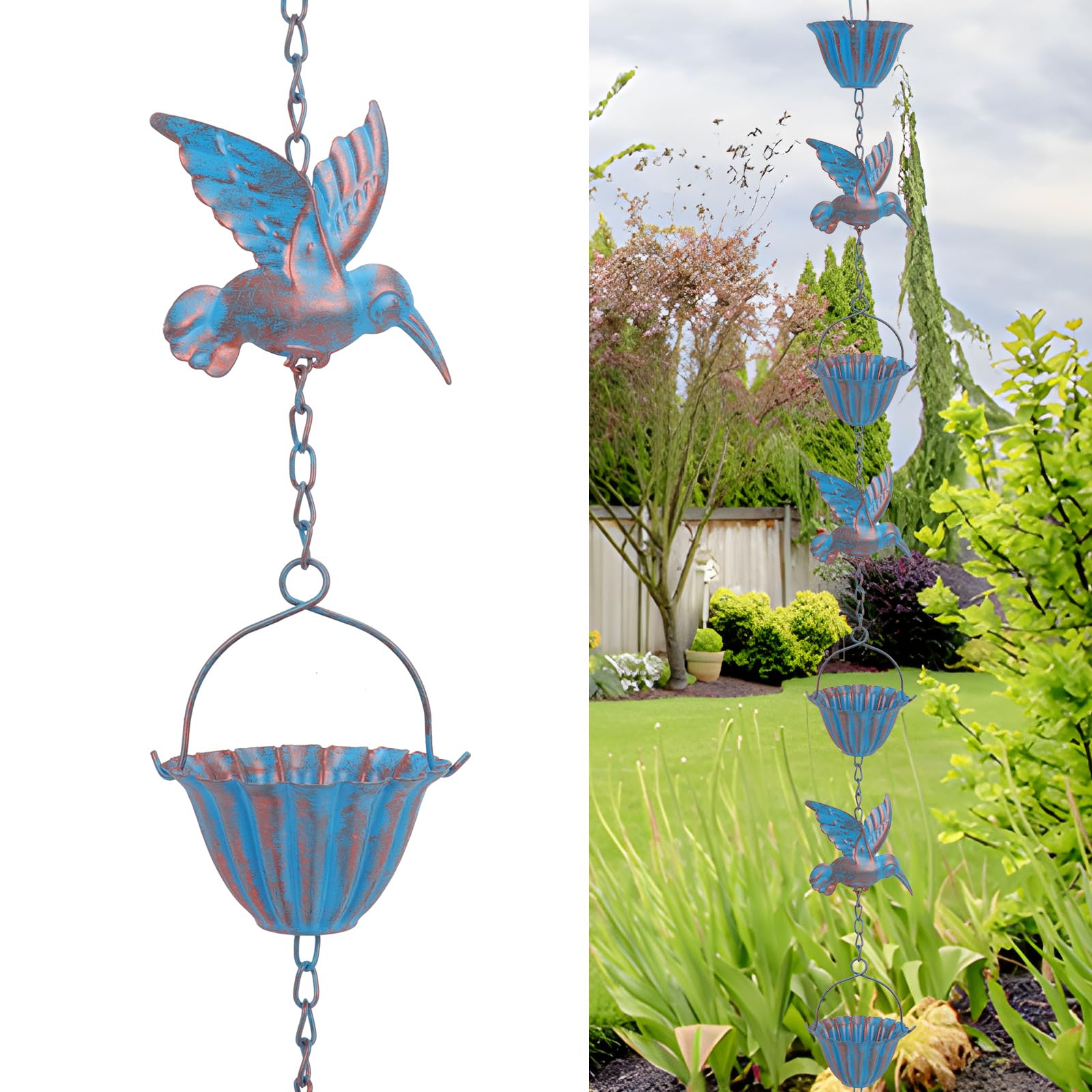 Tefola Catena antipioggia da 2,4 m con colibrì – Catena di scarico in metallo blu retrò, 7 uccelli e 7 tazze per grondaie, decorazioni da giardino e casa