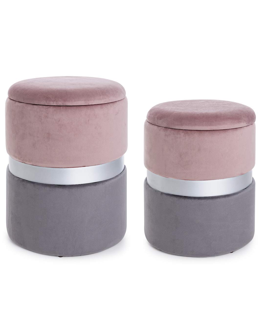 KONTE.DESIGN Set di 2 Pouf contenitore POLINA in velluto Rosa-Grigio