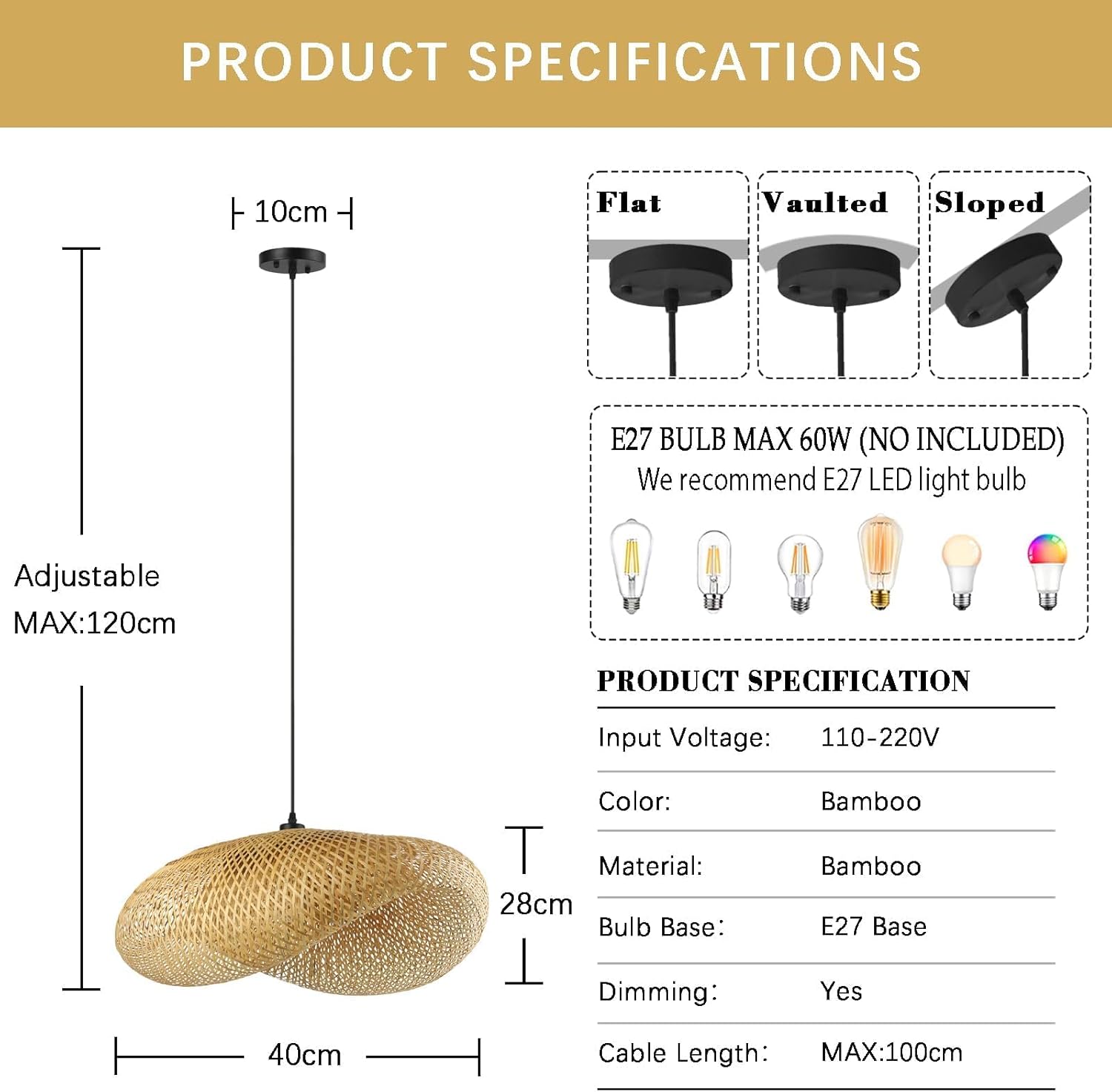 Schindora Lampadario Retrò E27 in Bambù 40cm - immagine 2