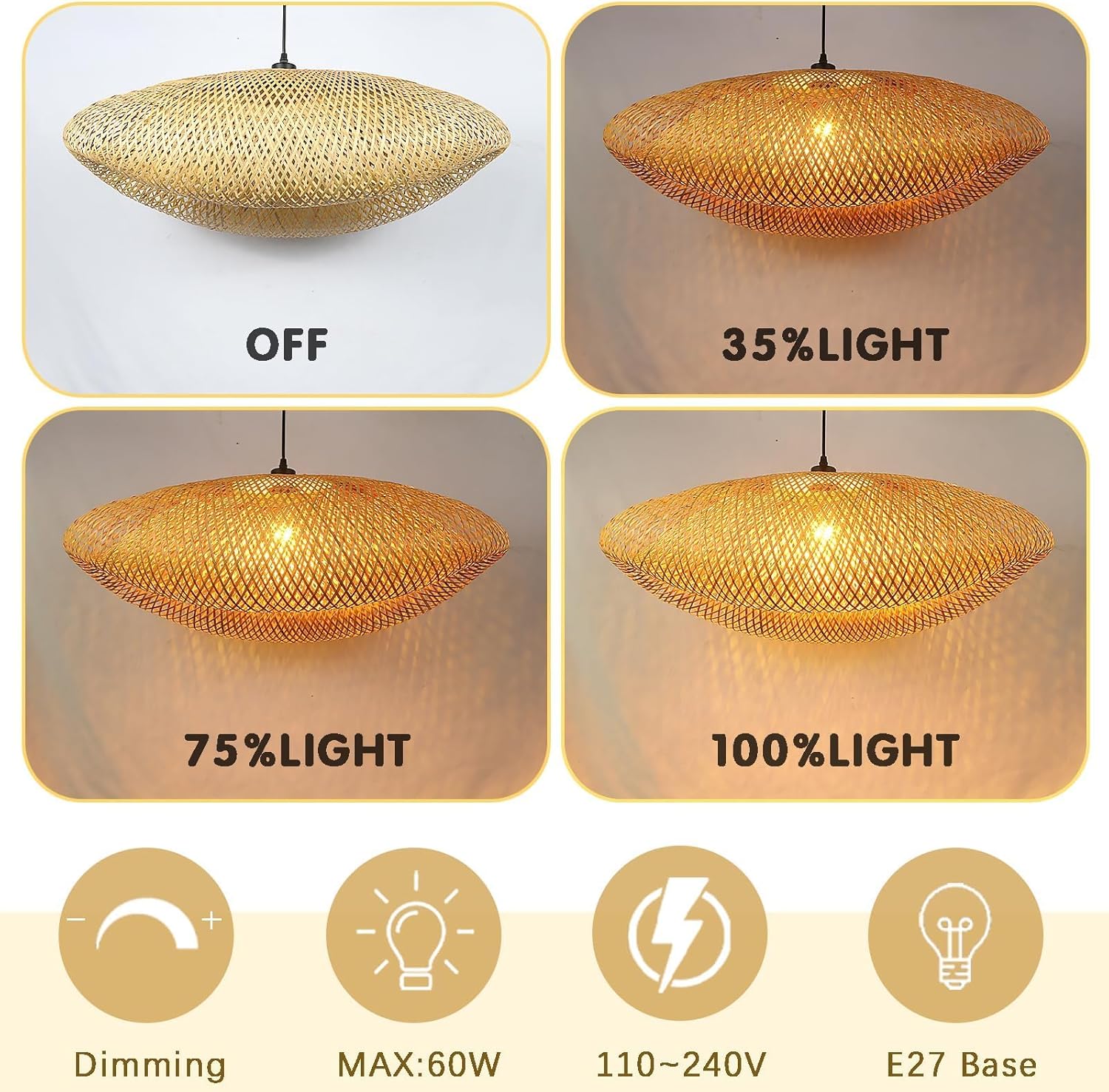 Schindora Lampadario Retrò E27 in Bambù 40cm - immagine 4