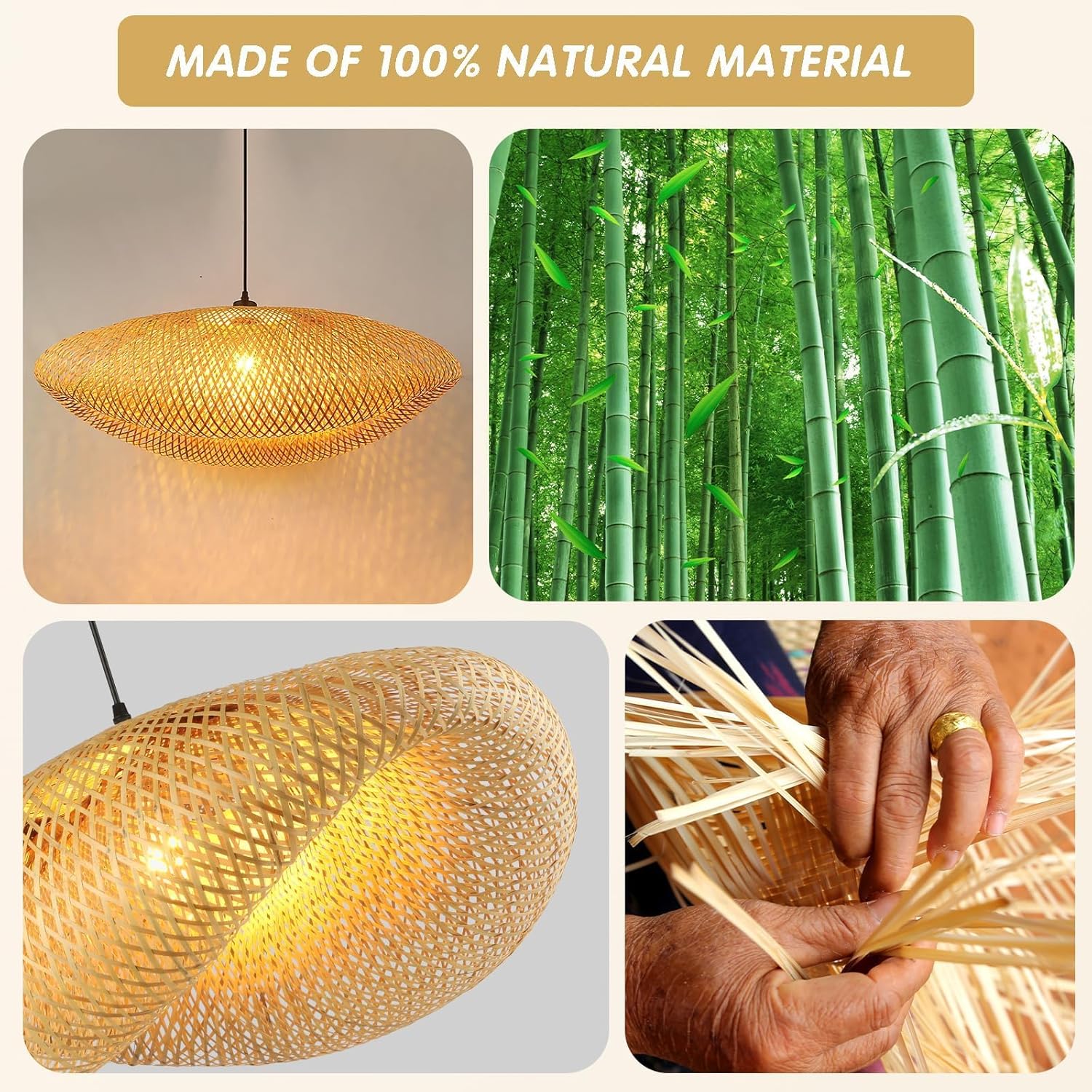 Schindora Lampadario Retrò E27 in Bambù 40cm - immagine 5