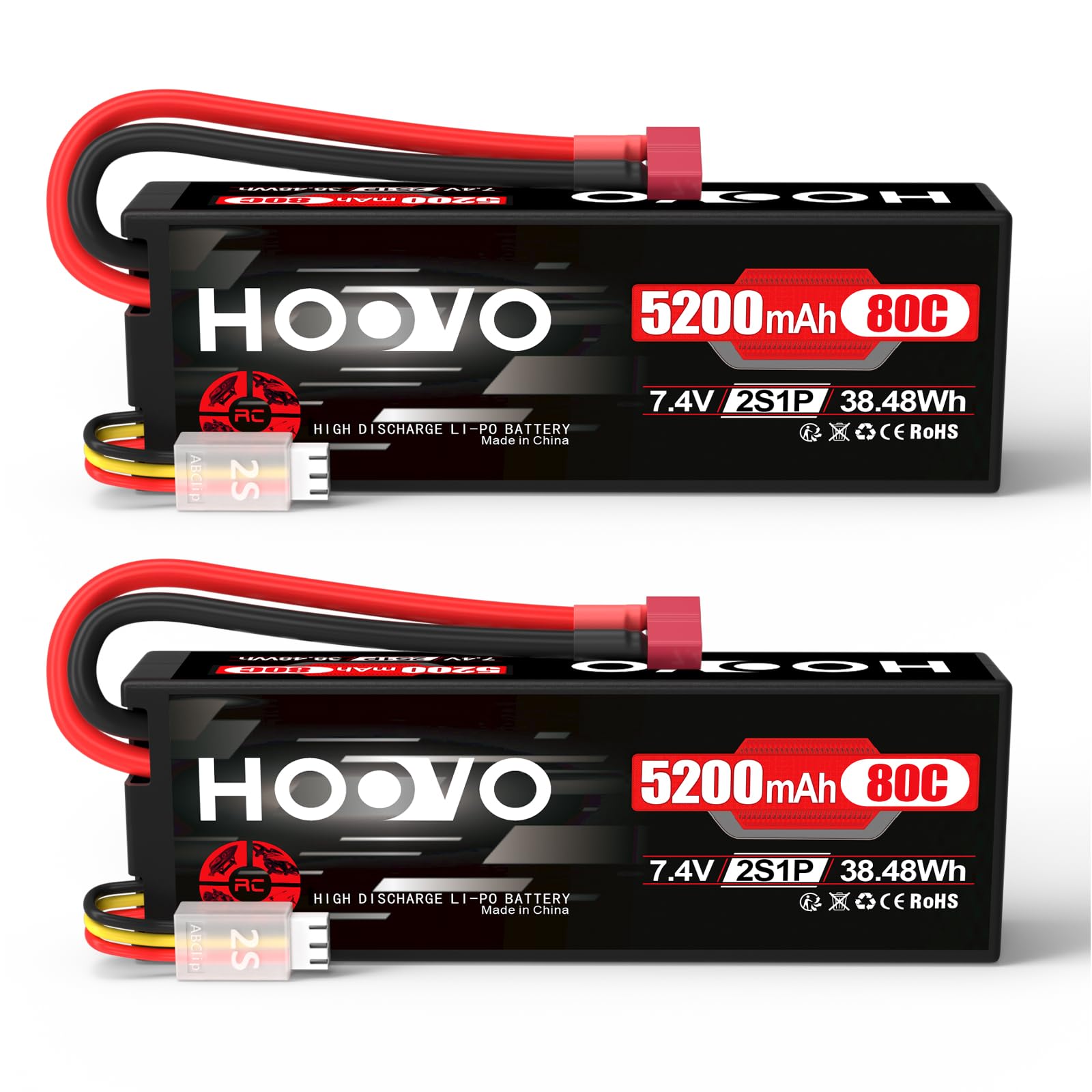 Hoovo Batteria RC 2S LiPo 7,4V 5200mAh 80C (2 Pacchetti)