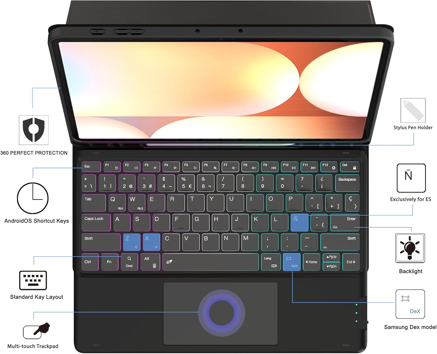 Custodia con Tastiera per Samsung Galaxy Tab S9 FE+/S9+/S10+ - immagine 5