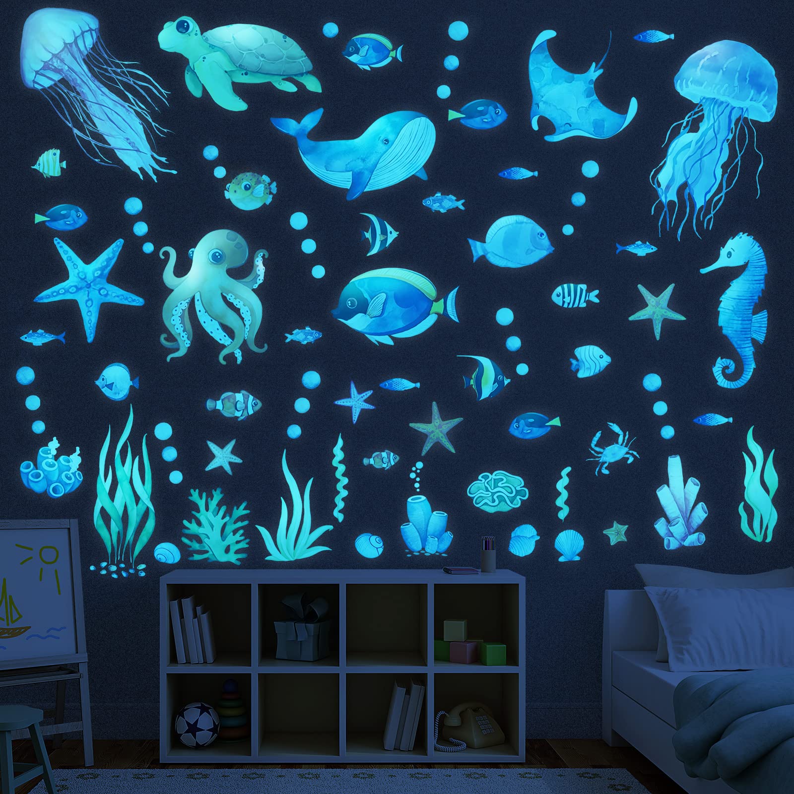 Stelle Fluorescenti Adesive Soffitto, Adesivi Luminoso Mare Animali Stickers, Adesivi Fosforescenti del Sea World Murali Bambini Per Camera Bambino Vivaio Bagno