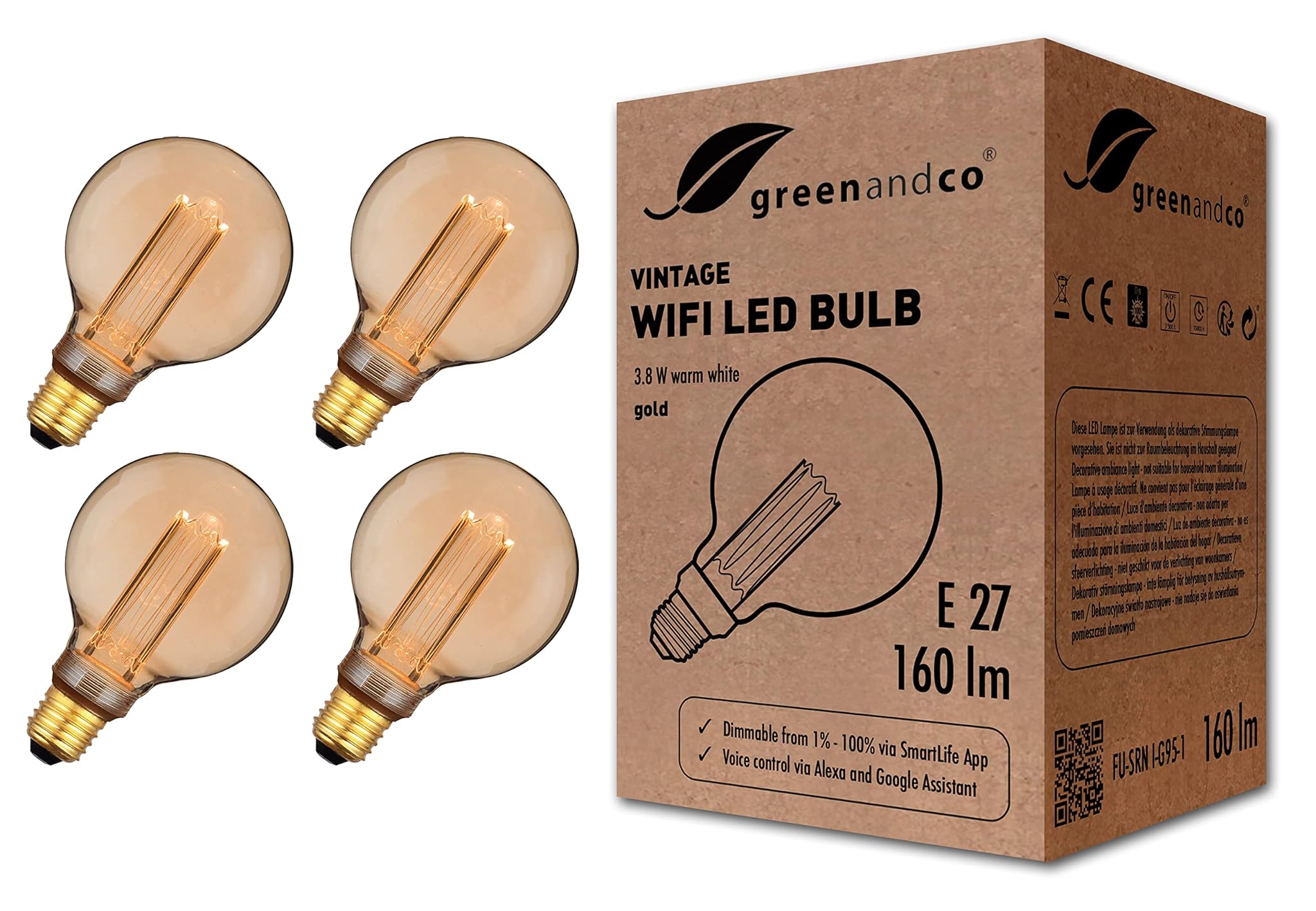Greenandco 4x Lampadina LED Smart WiFi E27 G95 3.8W