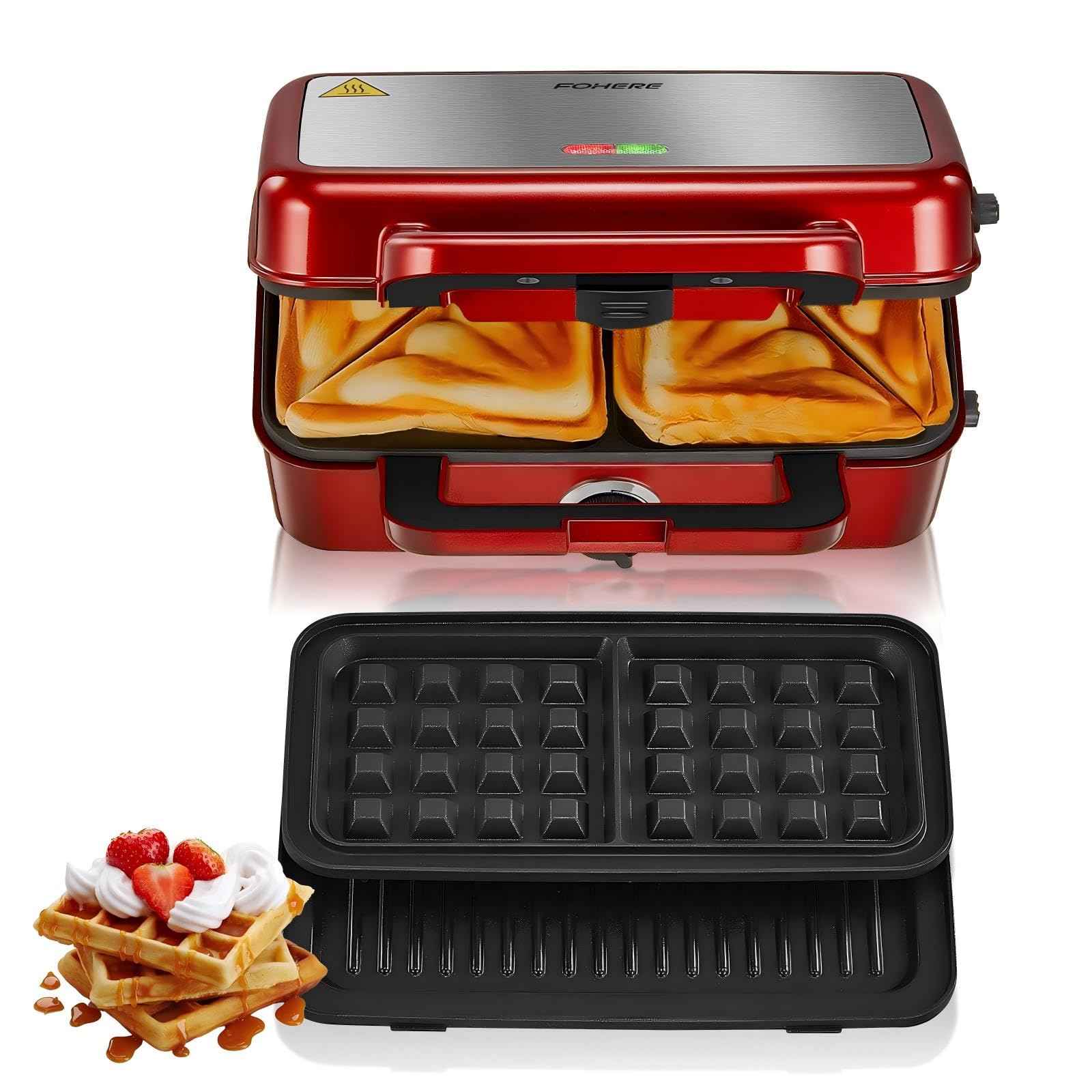 Piastra Waffles Maker 3 in 1 1200W, Rosso d'Epoca