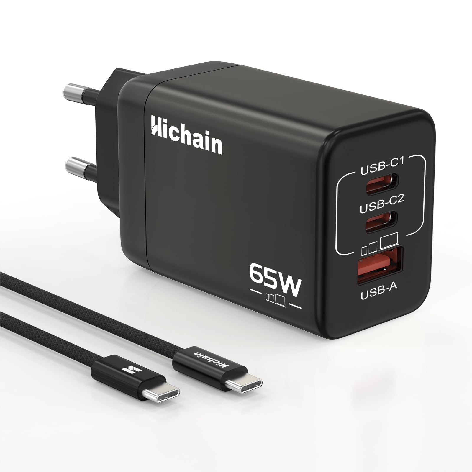 Hichain Caricatore USB-C 65W 3 Porte GaN con Cavo 1.2m