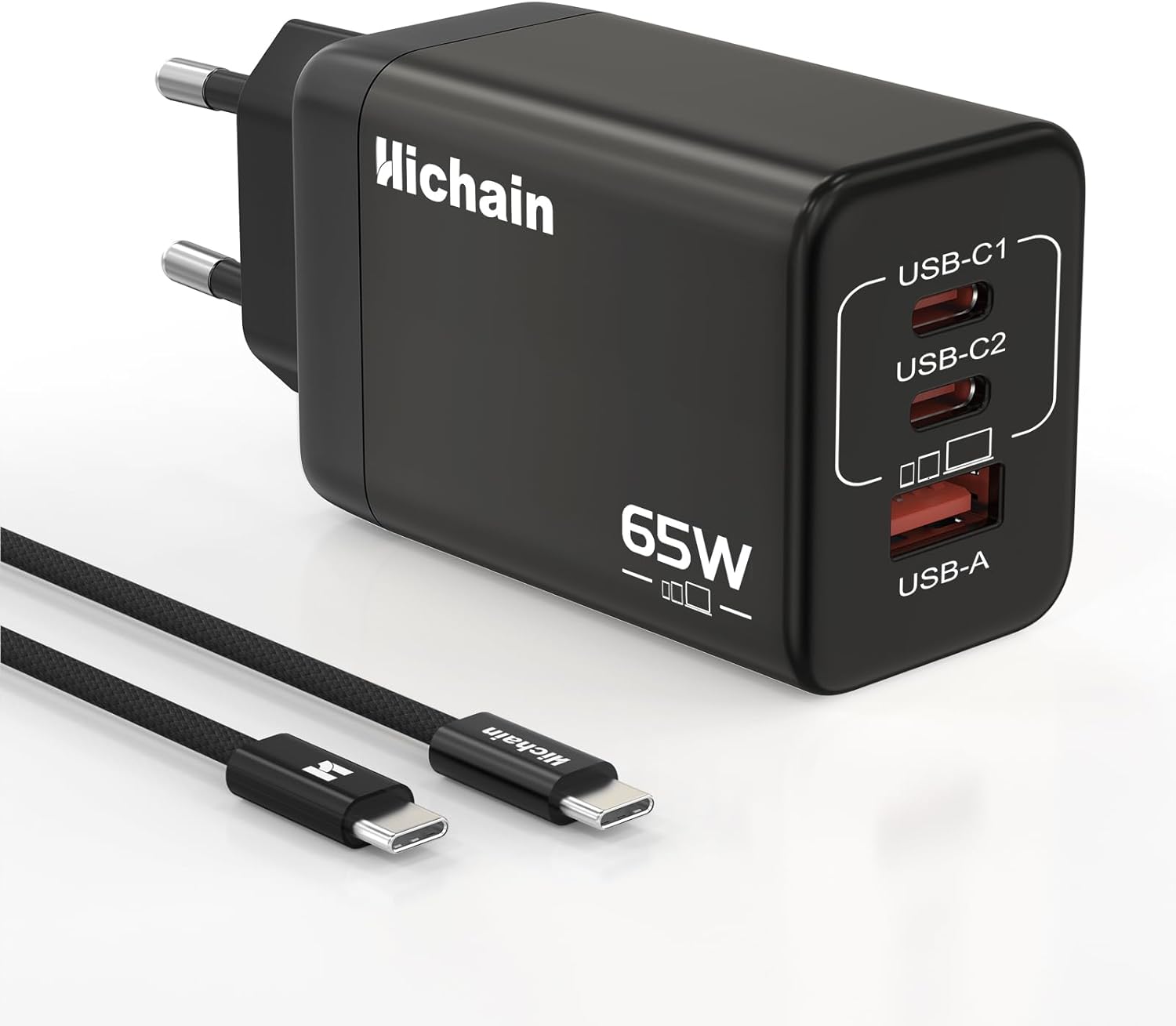 Hichain Caricatore USB-C 65W 3 Porte GaN con Cavo 1.2m - immagine 1