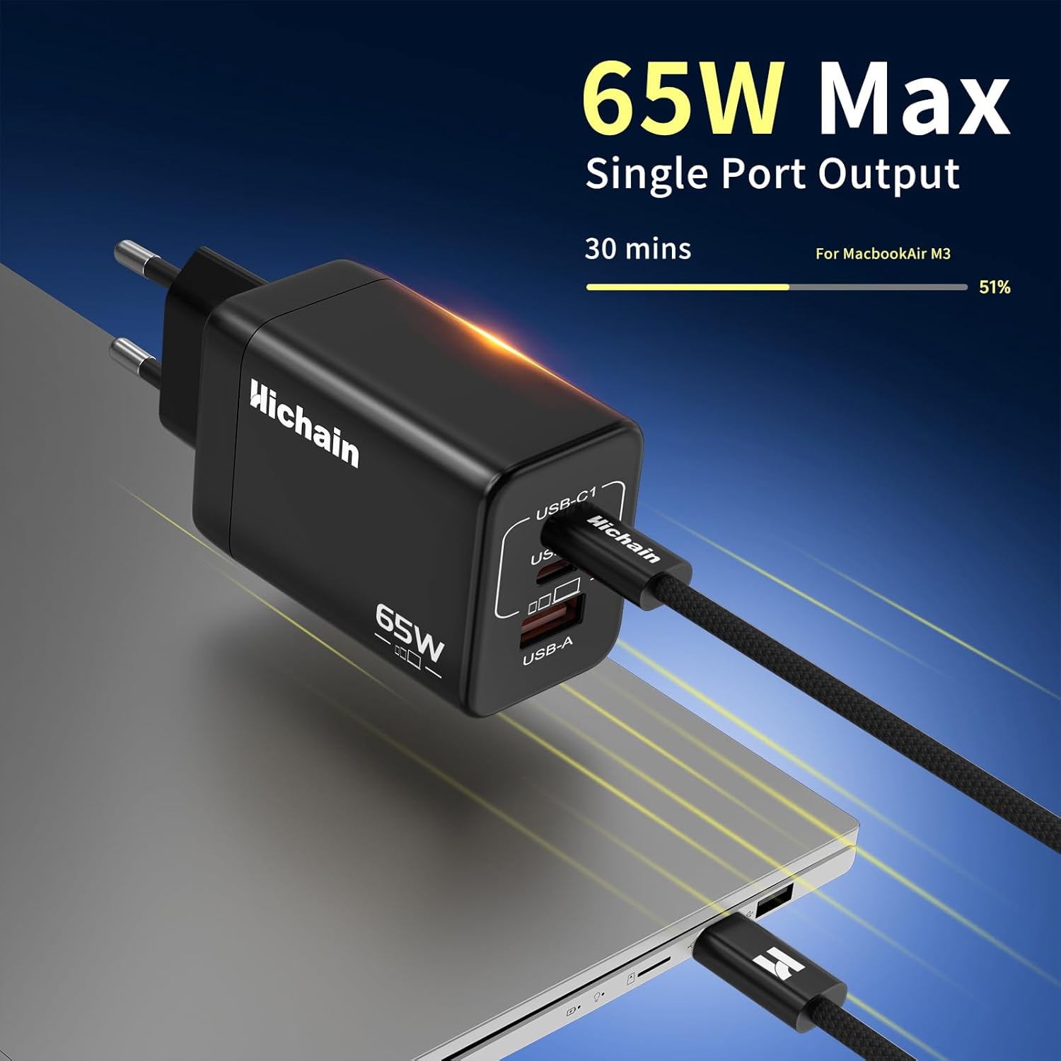 Hichain Caricatore USB-C 65W 3 Porte GaN con Cavo 1.2m - immagine 2