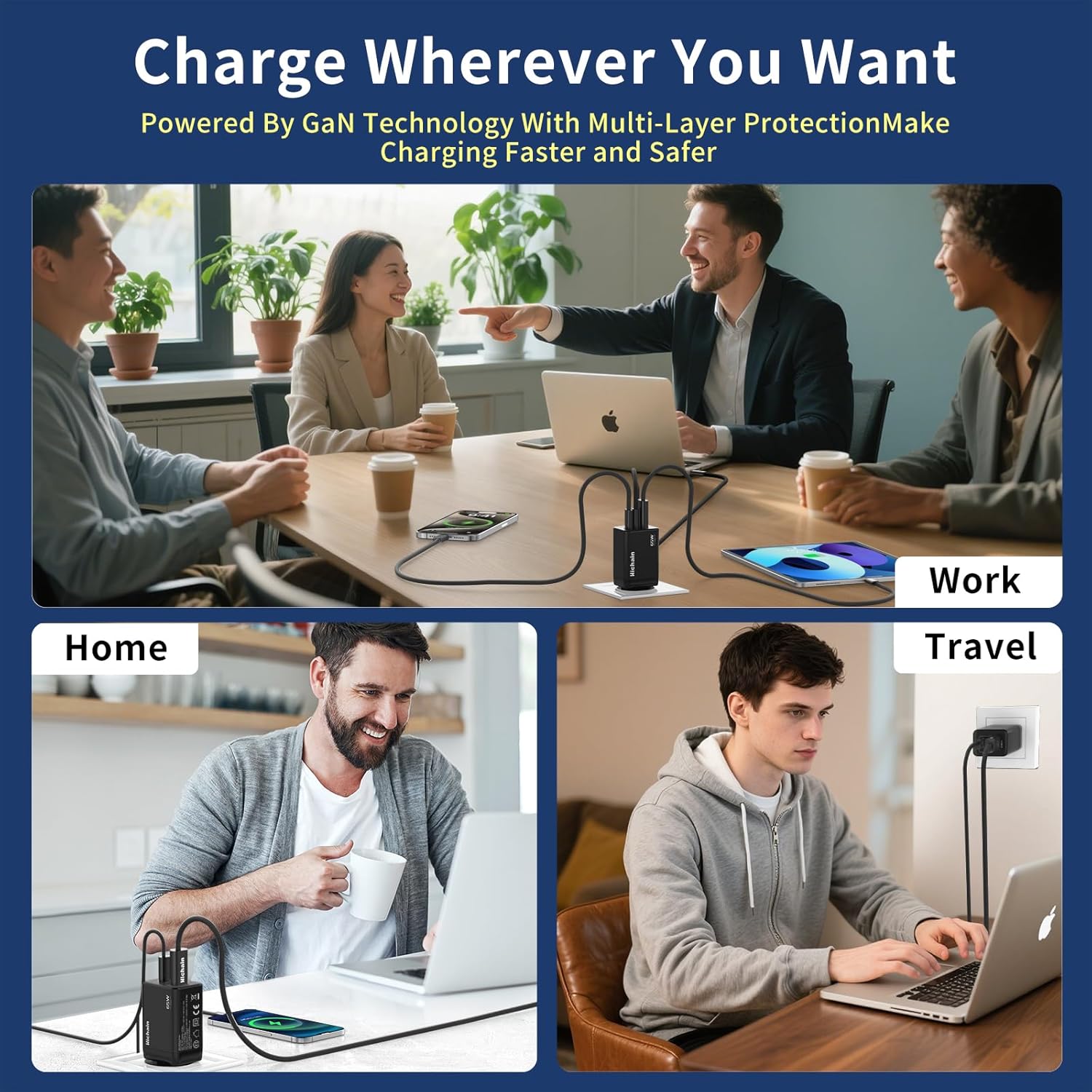 Hichain Caricatore USB-C 65W 3 Porte GaN con Cavo 1.2m - immagine 4