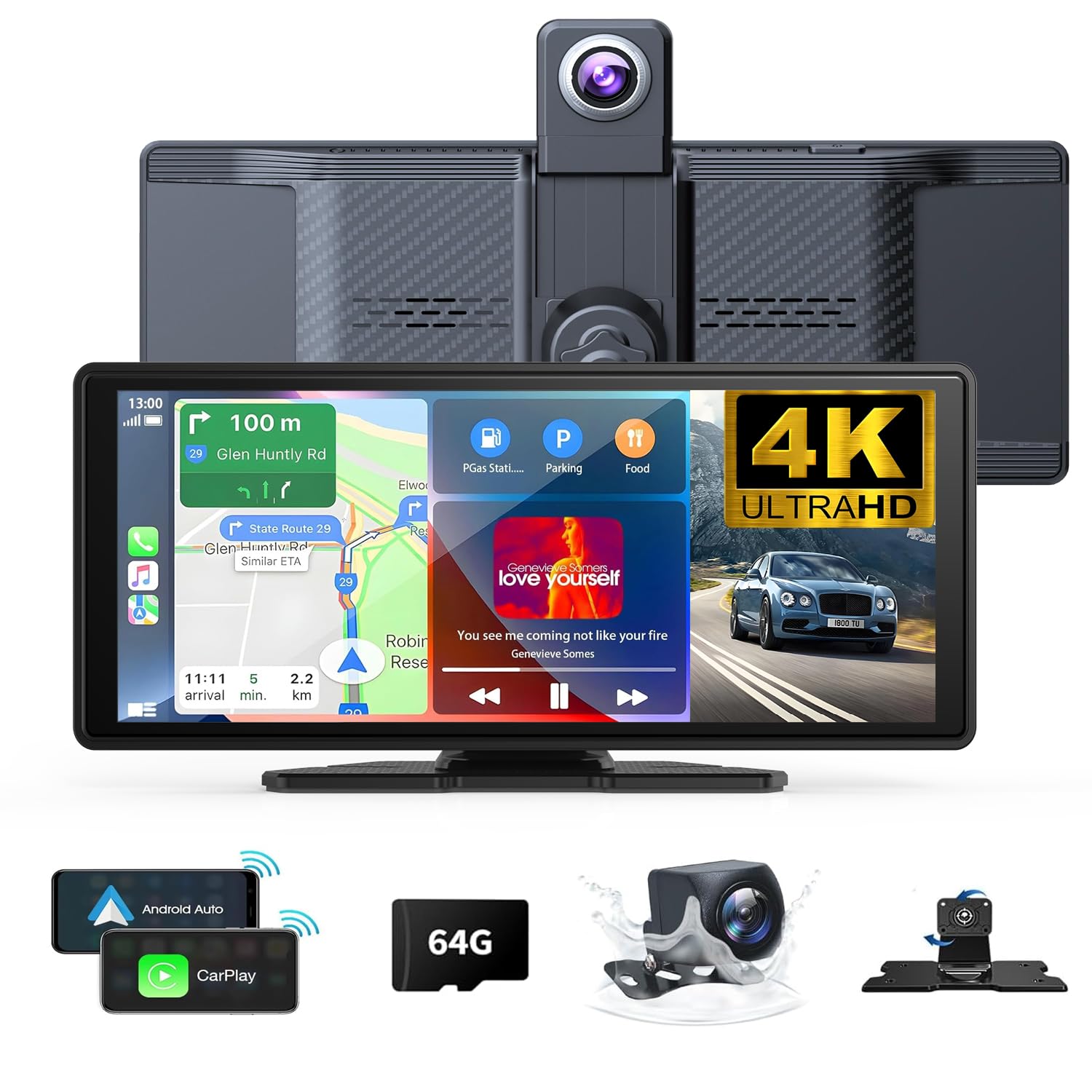 10.26" Wireless Carplay Screen 360° con Dash Cam 4K