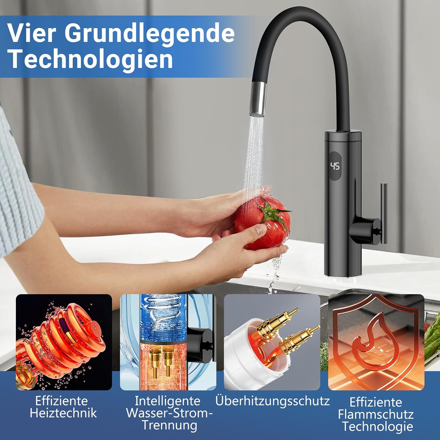 Rubinetto Acqua Calda Istantanea 3300W, Nero - immagine 2