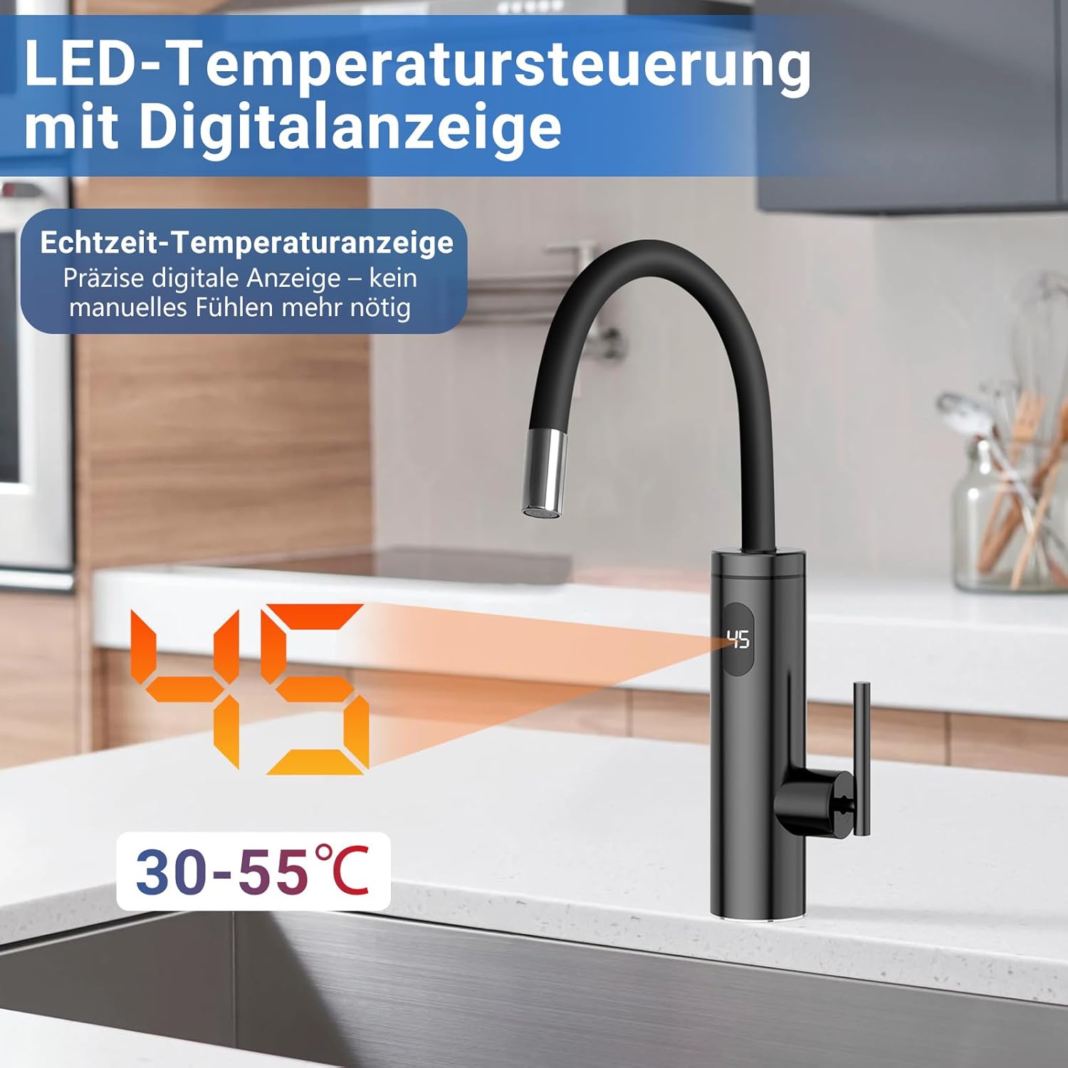 Rubinetto Acqua Calda Istantanea 3300W, Nero - immagine 4