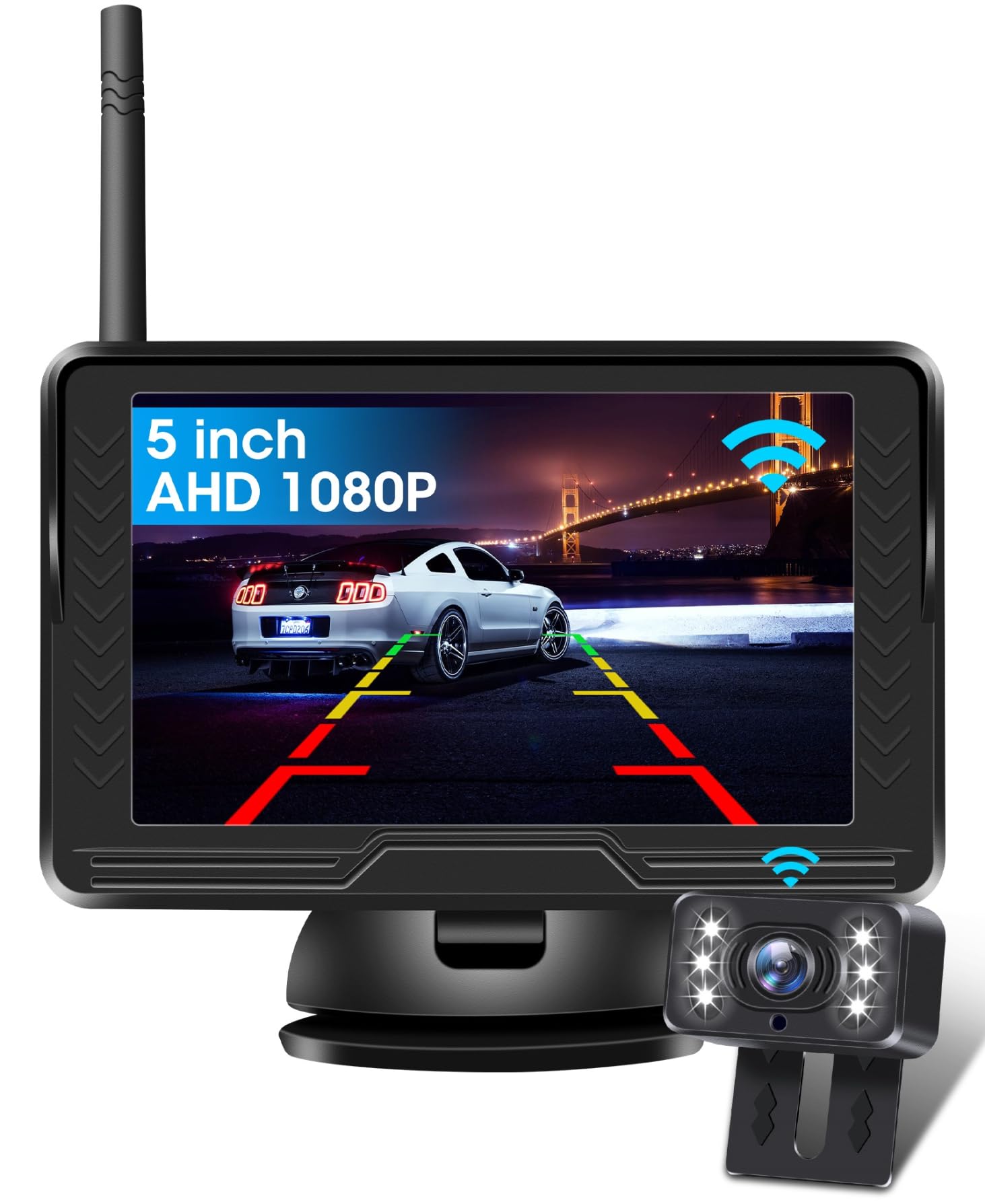 【Segnale Stabile】Telecamera Retromarcia Wireless AHD 1080P Telecamera Posteriore Auto e Monitor da 5" Impermeabile IP69 Visione Notturna 6 LED di Luce Telecamera Parcheggio Auto per Roulotte Autocarri