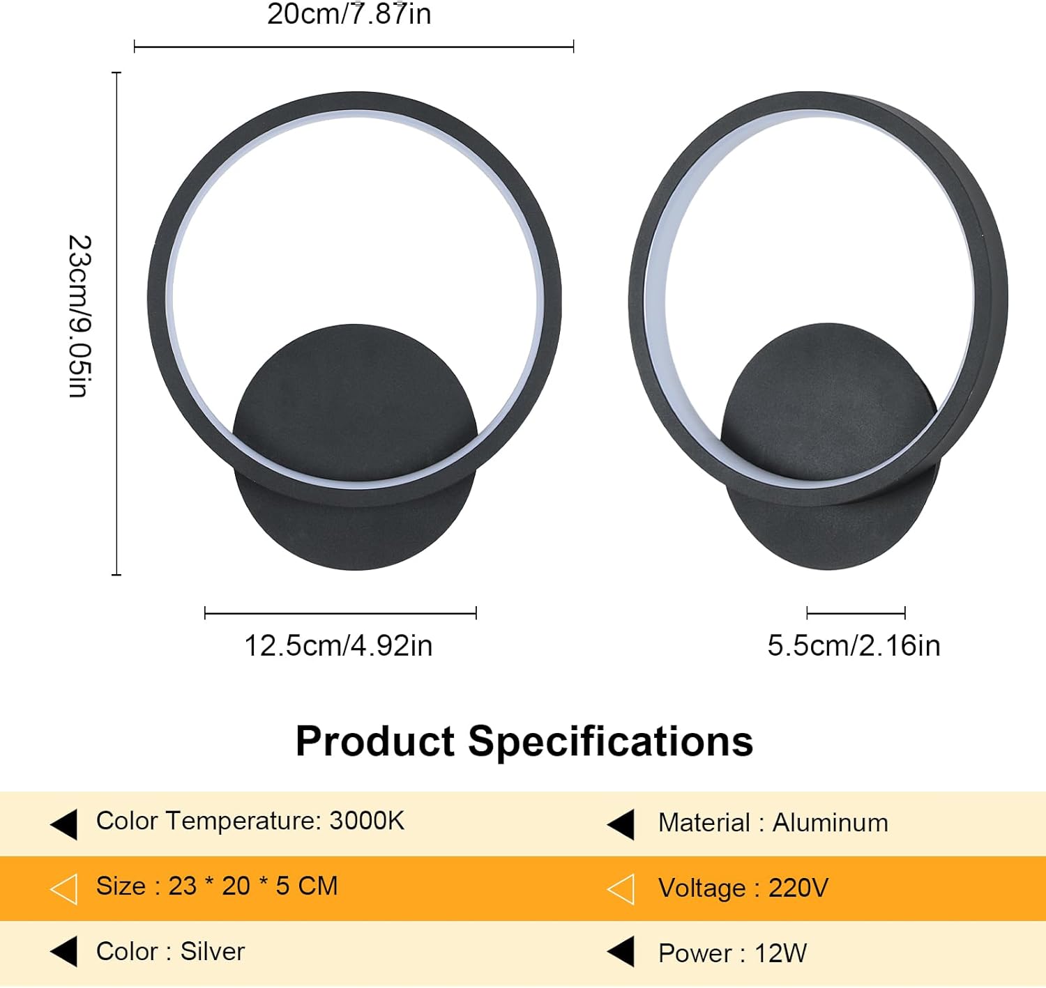 Applique da Parete LED Interno 12W 2 Pezzi, Nero - immagine 5