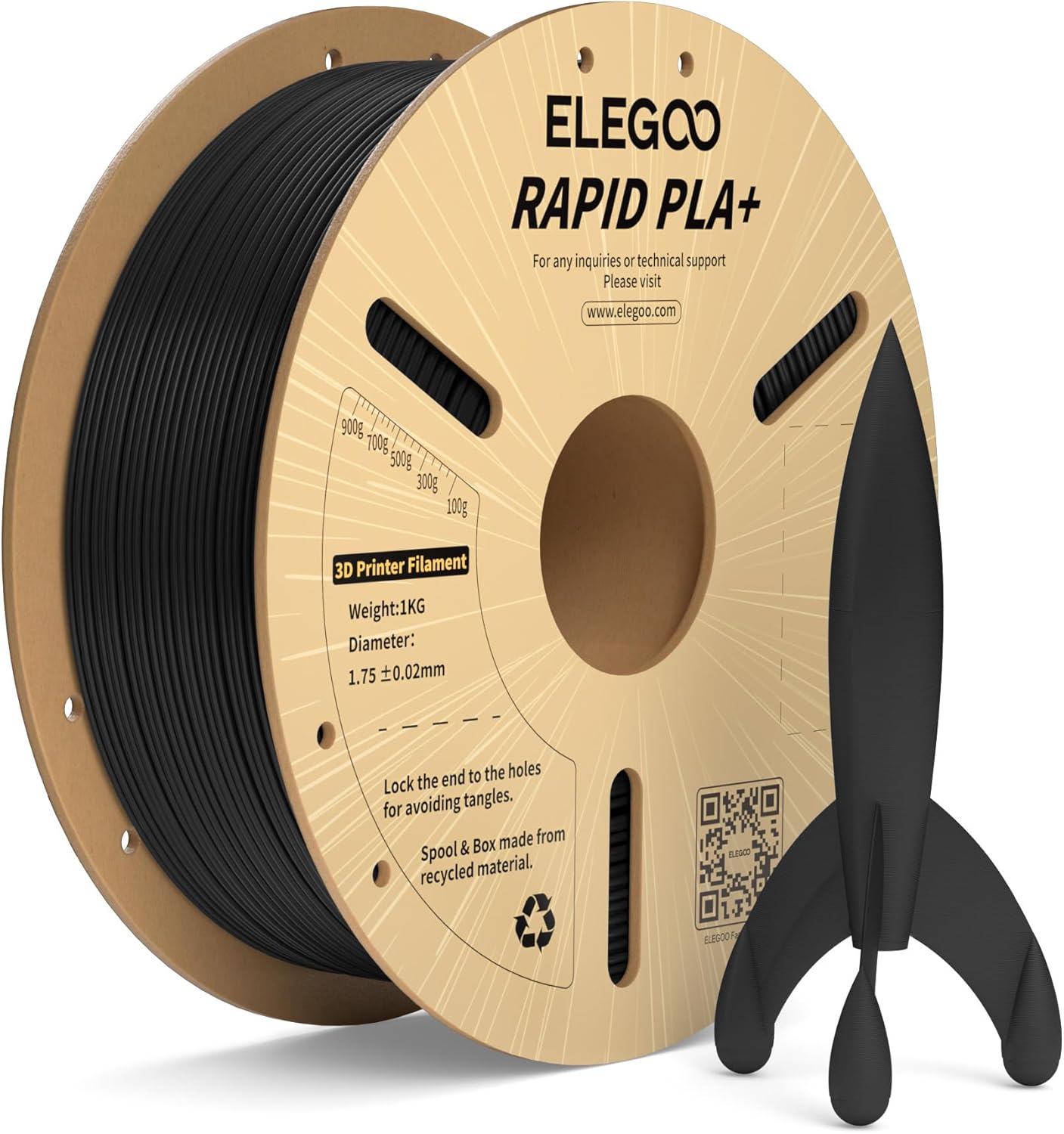 Elegoo Rapido Filamento PLA+ 1.75mm Nero 1KG - immagine 1