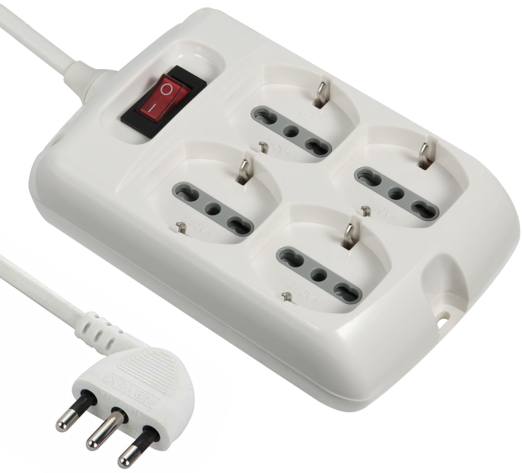 Electraline 61990 Multipresa Quadrata 4 Posti Polivalenti Schuko + 10/16A con Interruttore ON/OFF Luminoso, Spina Grande Italiana 16A, Cavo Lunghezza 1.5 M