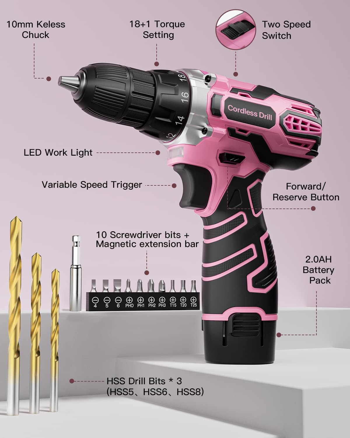 Trapano Avvitatore a Batteria 12V Rosa Max 25Nm - immagine 4