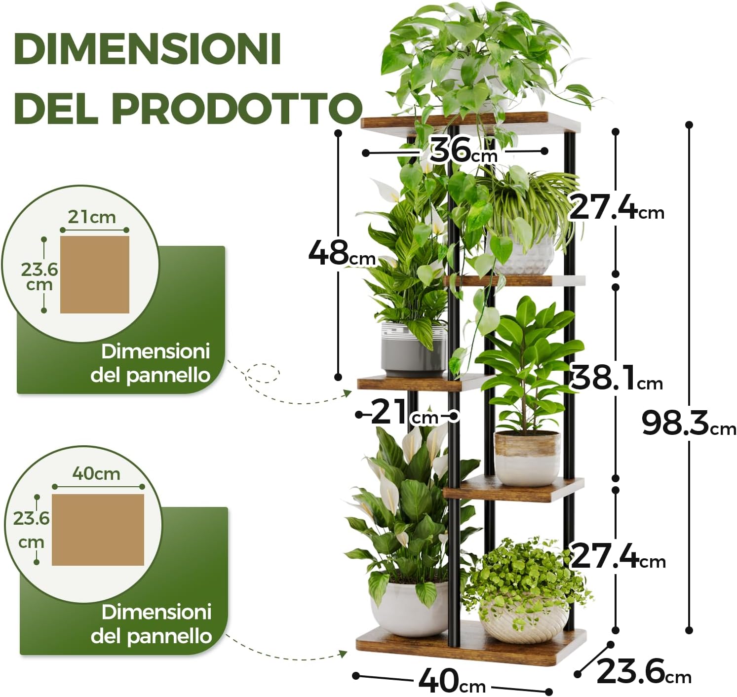 Bamworld Porta Piante Verticale 5 Ripiani Metallo e Legno - immagine 5