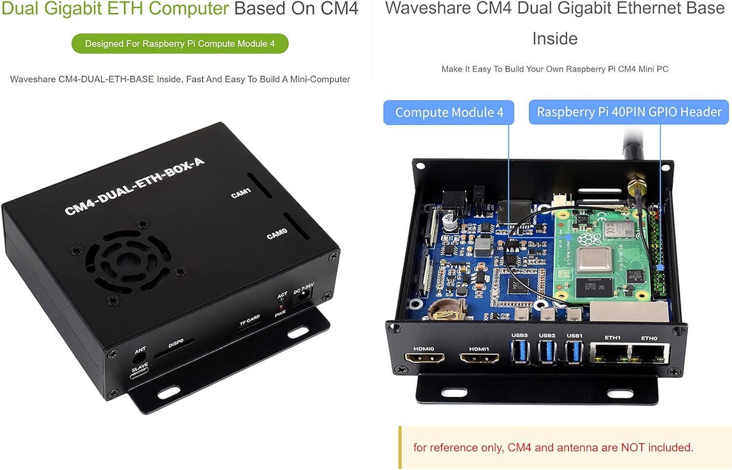 Mini Computer Dual Gigabit Ethernet Basato su Raspberry Pi Compute Module 4 (NON Incluso), Waveshare CM4 DUAL ETH BASE All'interno, Metallo Case, con Ventola di Raffreddamento - immagine 3