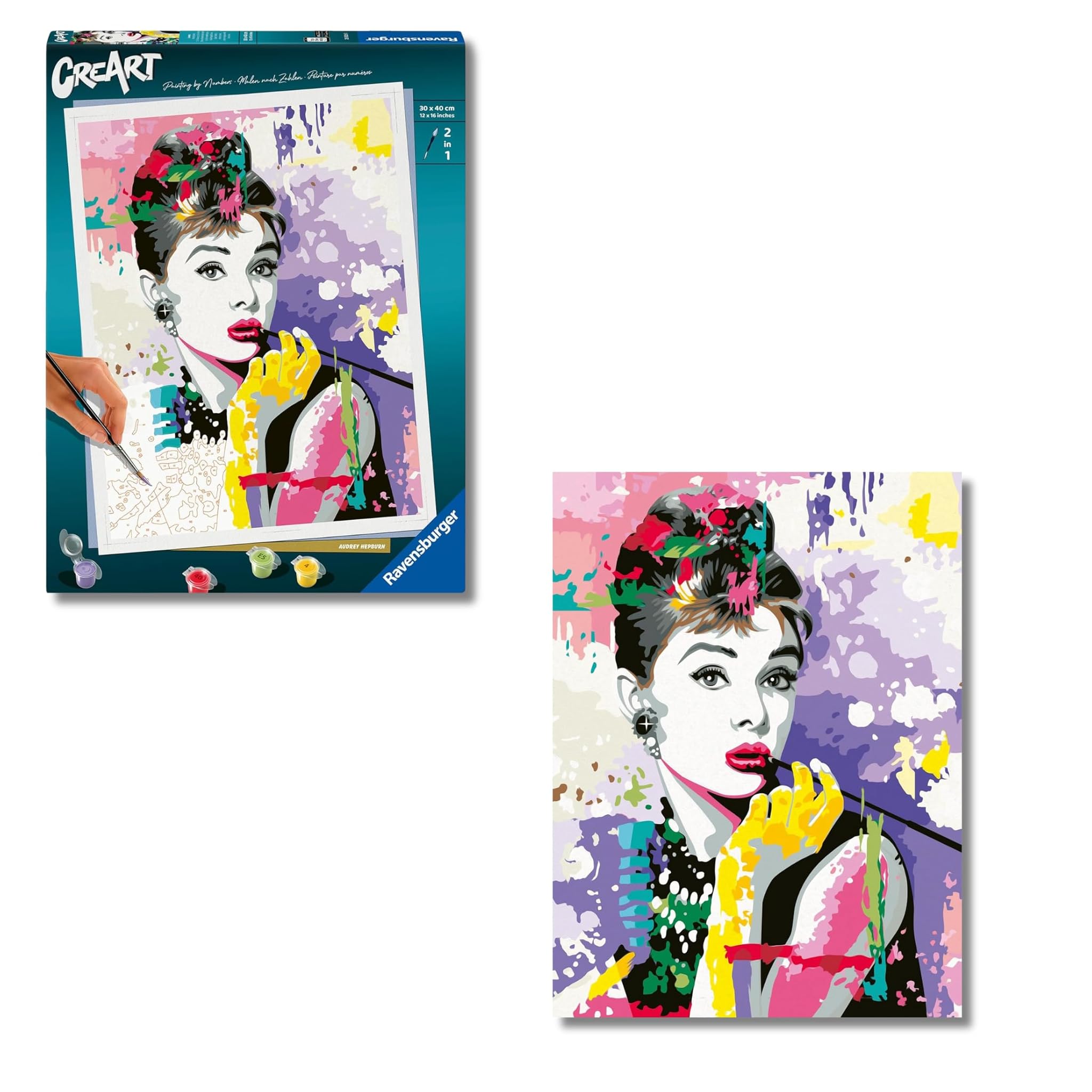 Ravensburger - CreArt Serie Premium B: Audrey Hepburn, Dipingere con i Numeri, Kit Pittura Adulti, Regali Festa della Mamma Originali, 14+ Anni, 40x30 cm