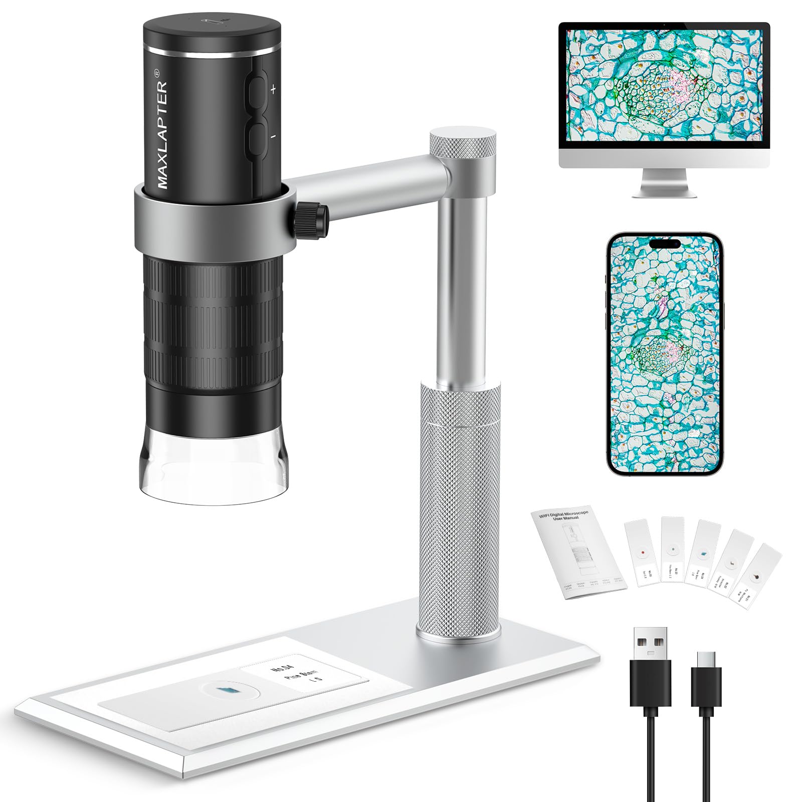 Maxlapter Microscopio Digitale WiFi 50X-1000X con Supporto