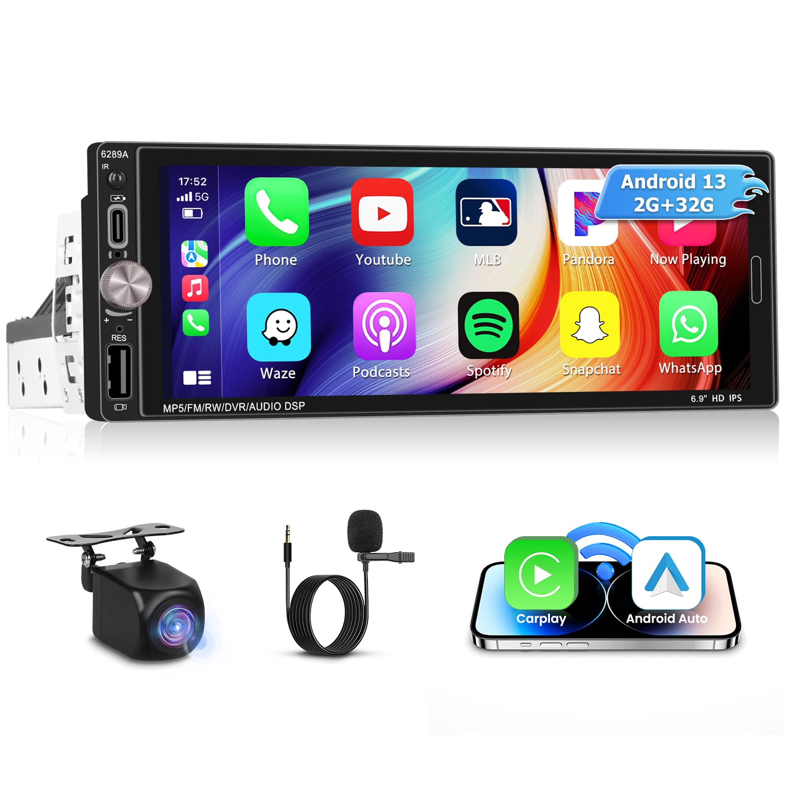 Inefala Android 15 Autoradio 1 Din Wireless CarPlay 6.9"