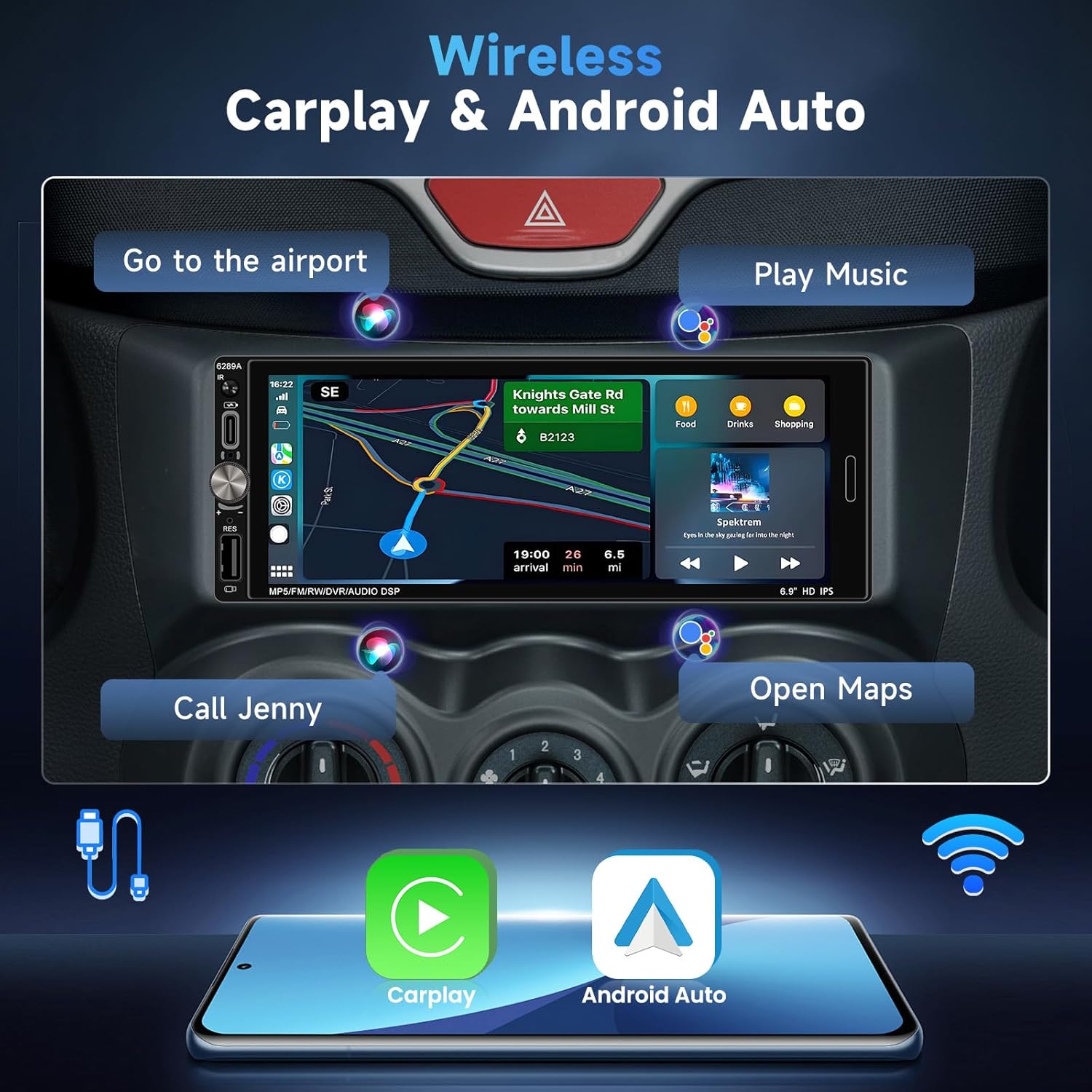 Inefala Android 15 Autoradio 1 Din Wireless CarPlay 6.9" - immagine 2