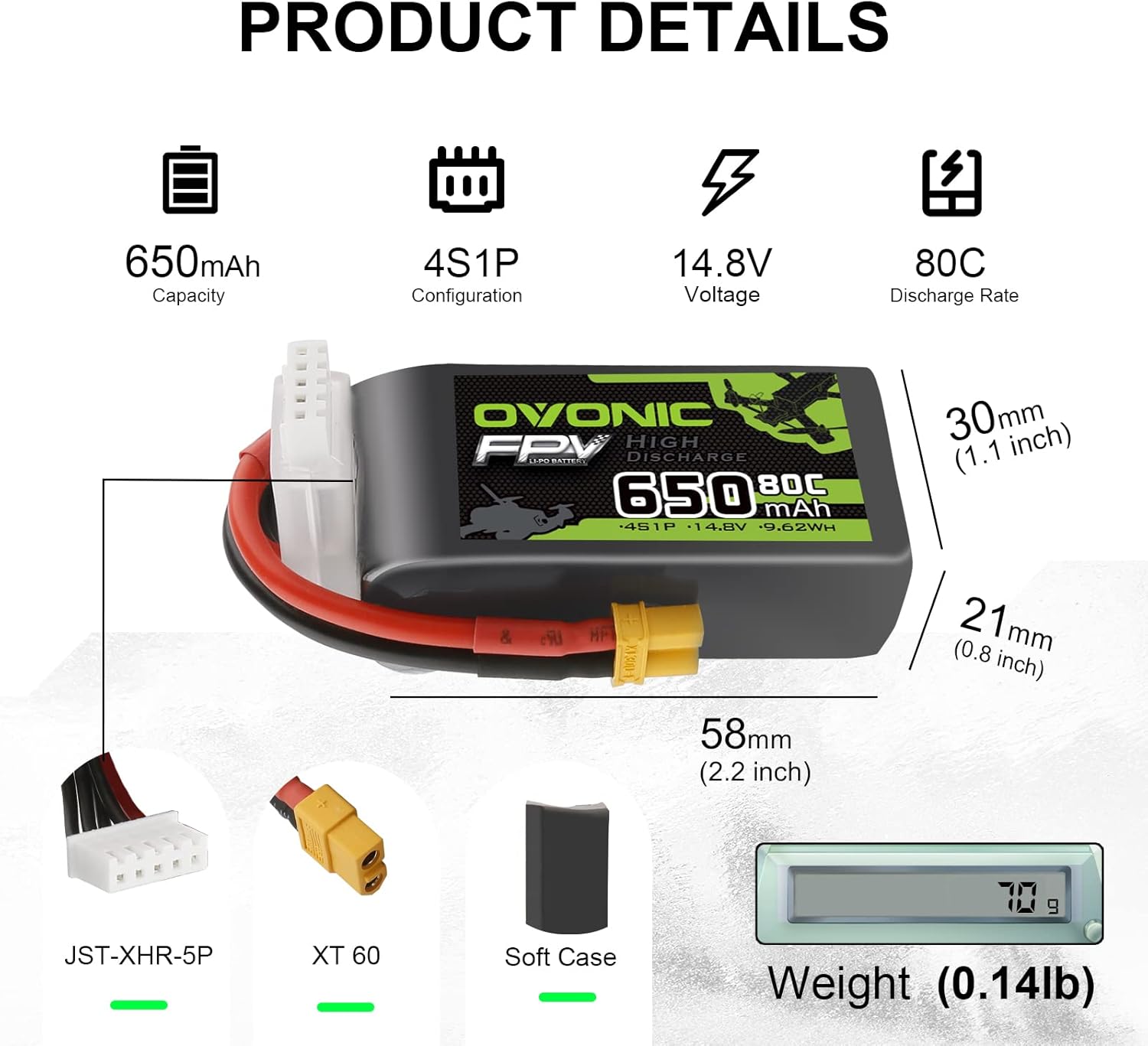 Ovonic Batteria Lipo 4s 80C 650mAh 14.8V (4 pezzi) - immagine 2