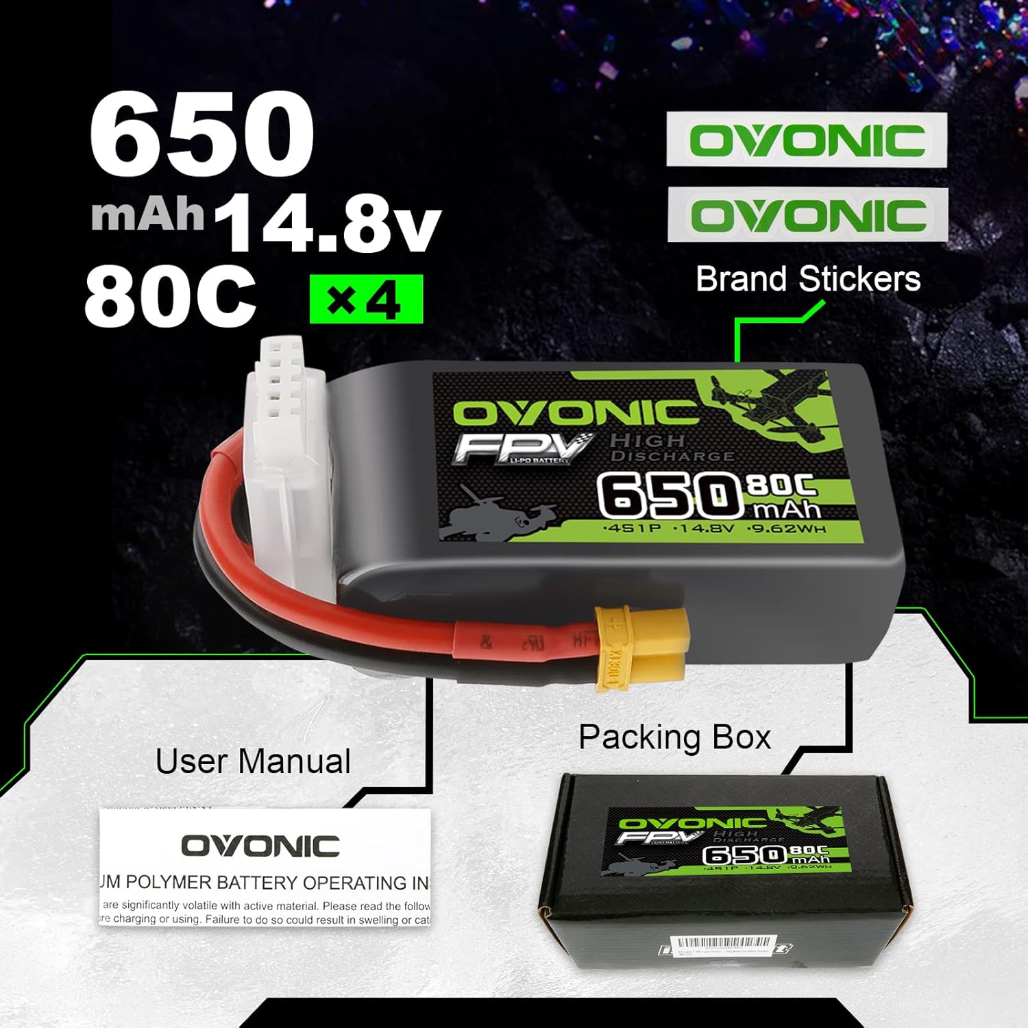 Ovonic Batteria Lipo 4s 80C 650mAh 14.8V (4 pezzi) - immagine 5