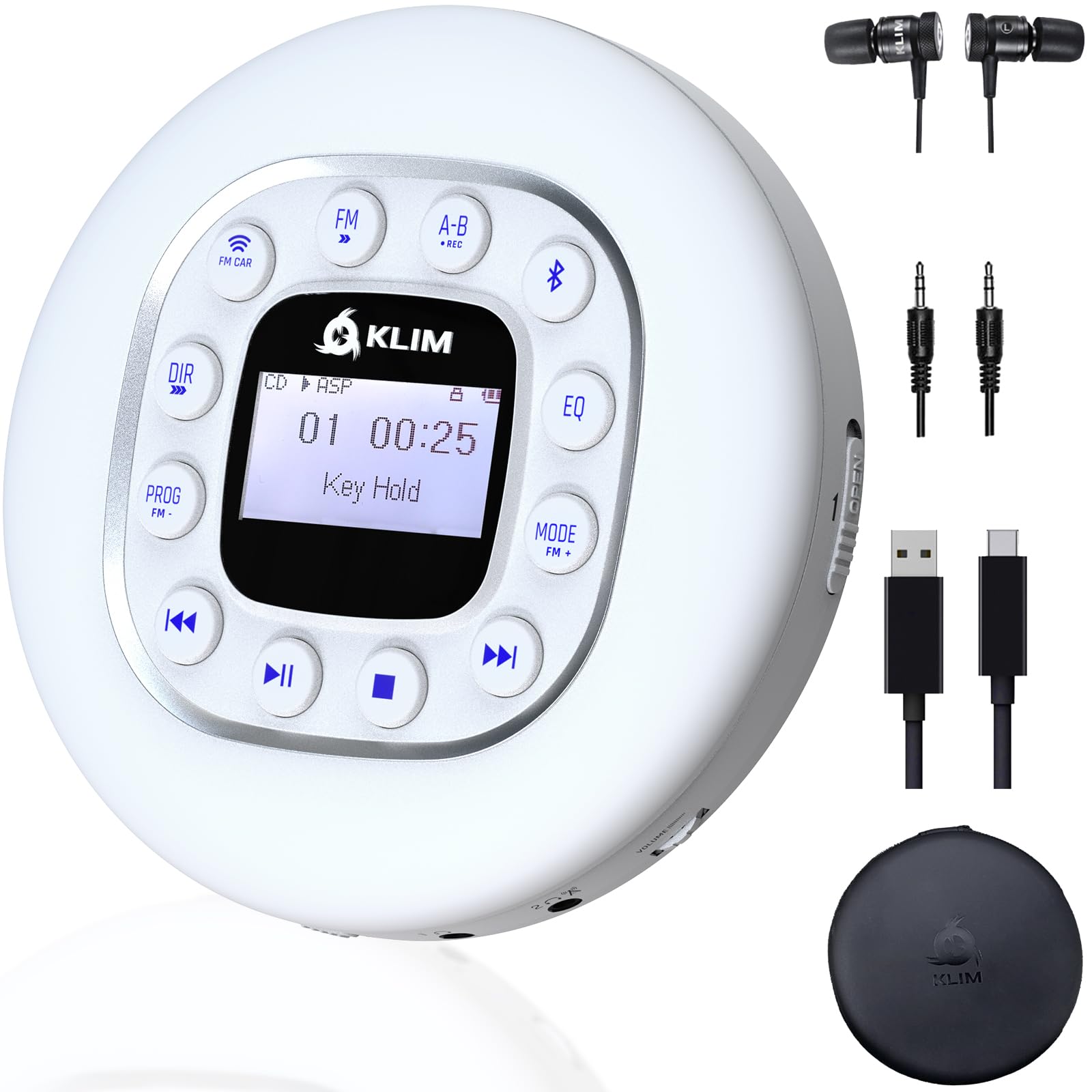 KLIM Journey Lettore CD HiFi portatile + NUOVO + Cuffie incluse + Radio FM + Compatibile con MP3 CD Audiolibri + Lettore CD per auto + Supporta Bluetooth per Auto, scheda SD, Trasmettitore FM - Bianca