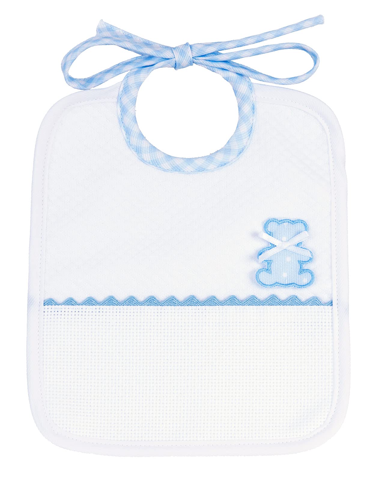 Filet Am2231b - Bavaglino Rettangolare In Morbido Tessuto Motivo Losanghe Bianco Con Ricamo A Forma Di Orsetto E Tasca In Tela Aida 55 Fori Da Ricamare, color Cielo, Taglia unica, 29 g
