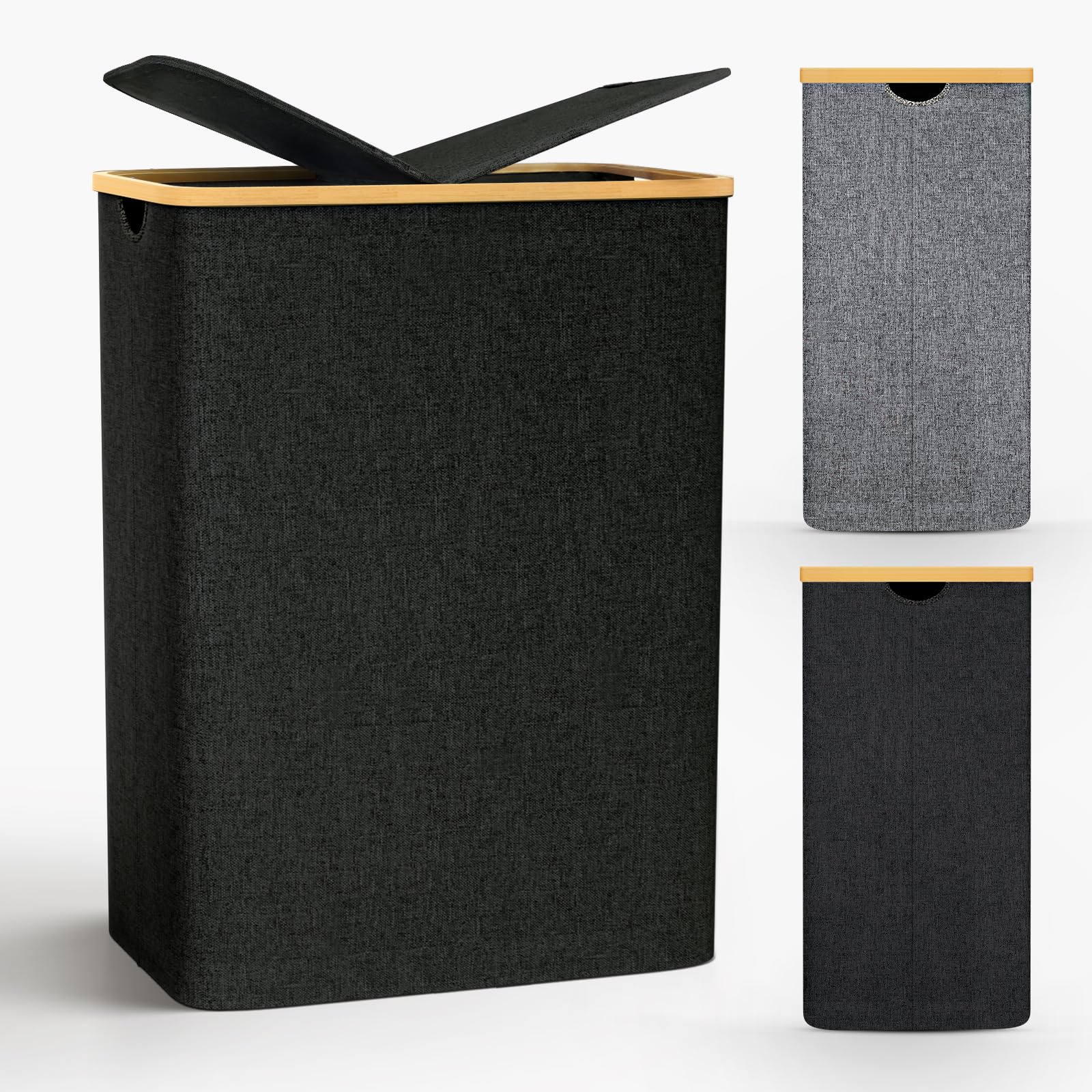 Cesto Portabiancheria Pieghevole 140L con Coperchio, Nero