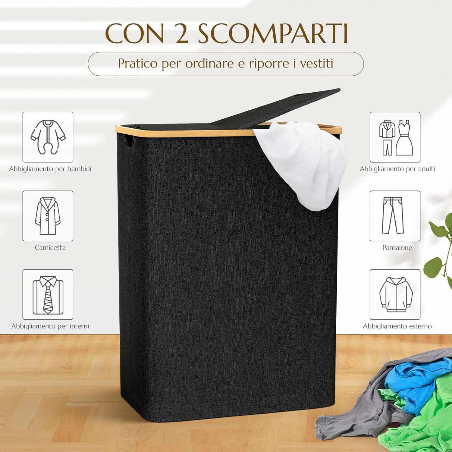 Cesto Portabiancheria Pieghevole 140L con Coperchio, Nero - immagine 2